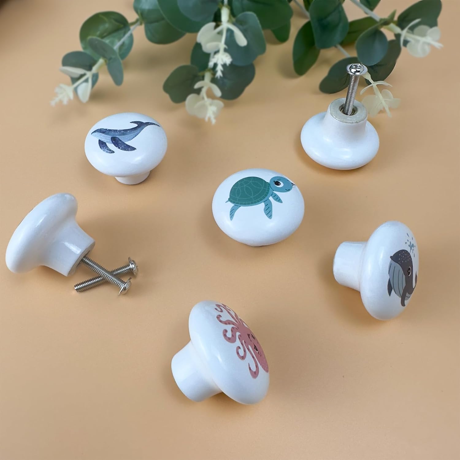 Set of 6 Ceramic Coastal Beach Starfish Themed Cabinet Dresser Knobs and Drawer Pulls Octopus Door Handle 1.5 X 1.5 Inches