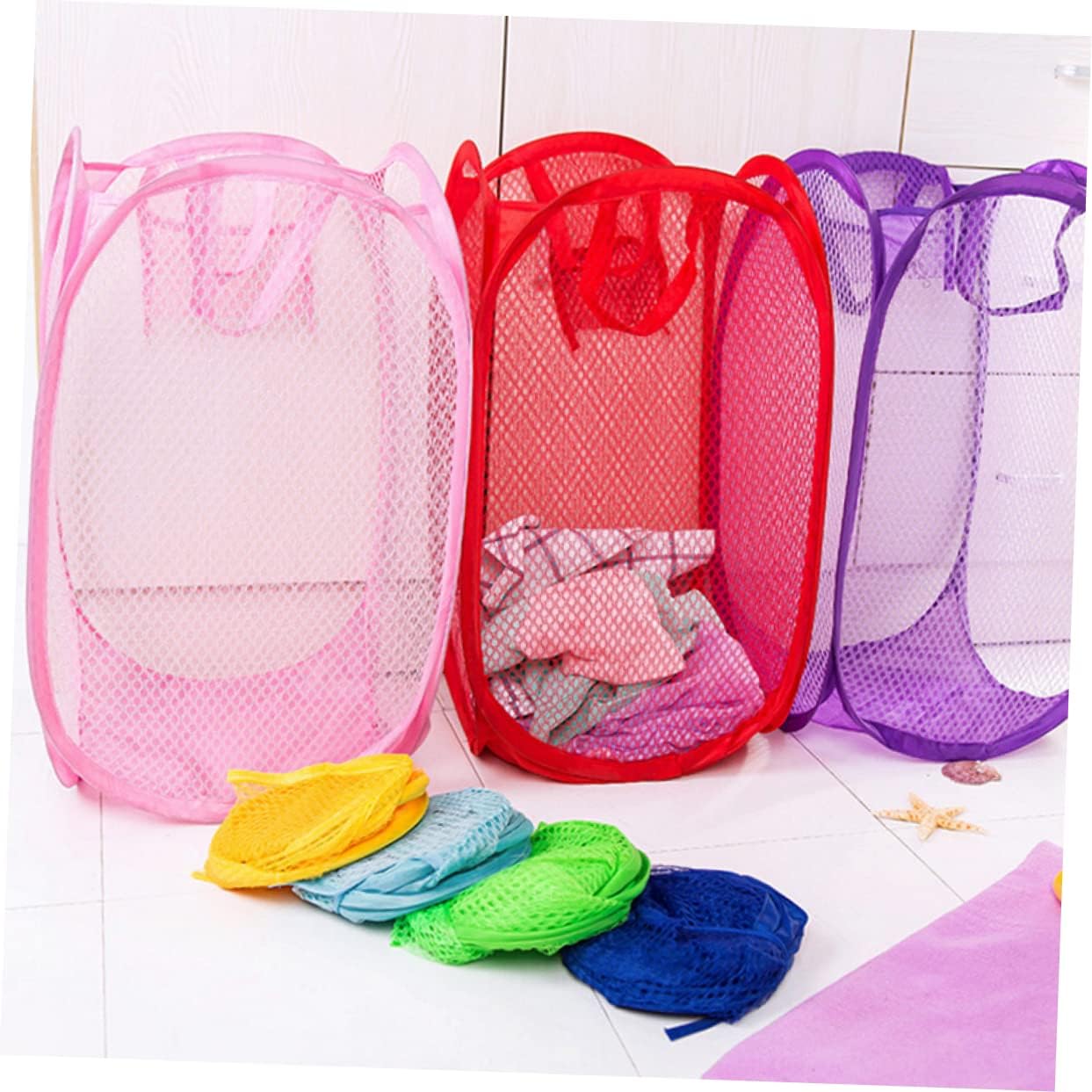 Foldable Mesh Laundry Hamper with Side Pocket Easy Open Pop Up Dirty Clothes Basket for College and Apartments Breathable Portable with Dual Handles Sky Blue