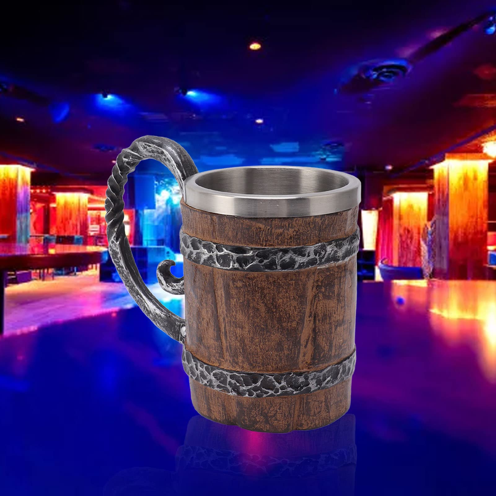 Srliya Chope à Bière Viking en Résine de Style Médiéval, Chope en Bois pour Bar, Restaurant, Décoration D'intérieur, Acier Inoxydable 304, Double Paroi pour Boissons Chaudes et Froides, 4,9 X 3,7