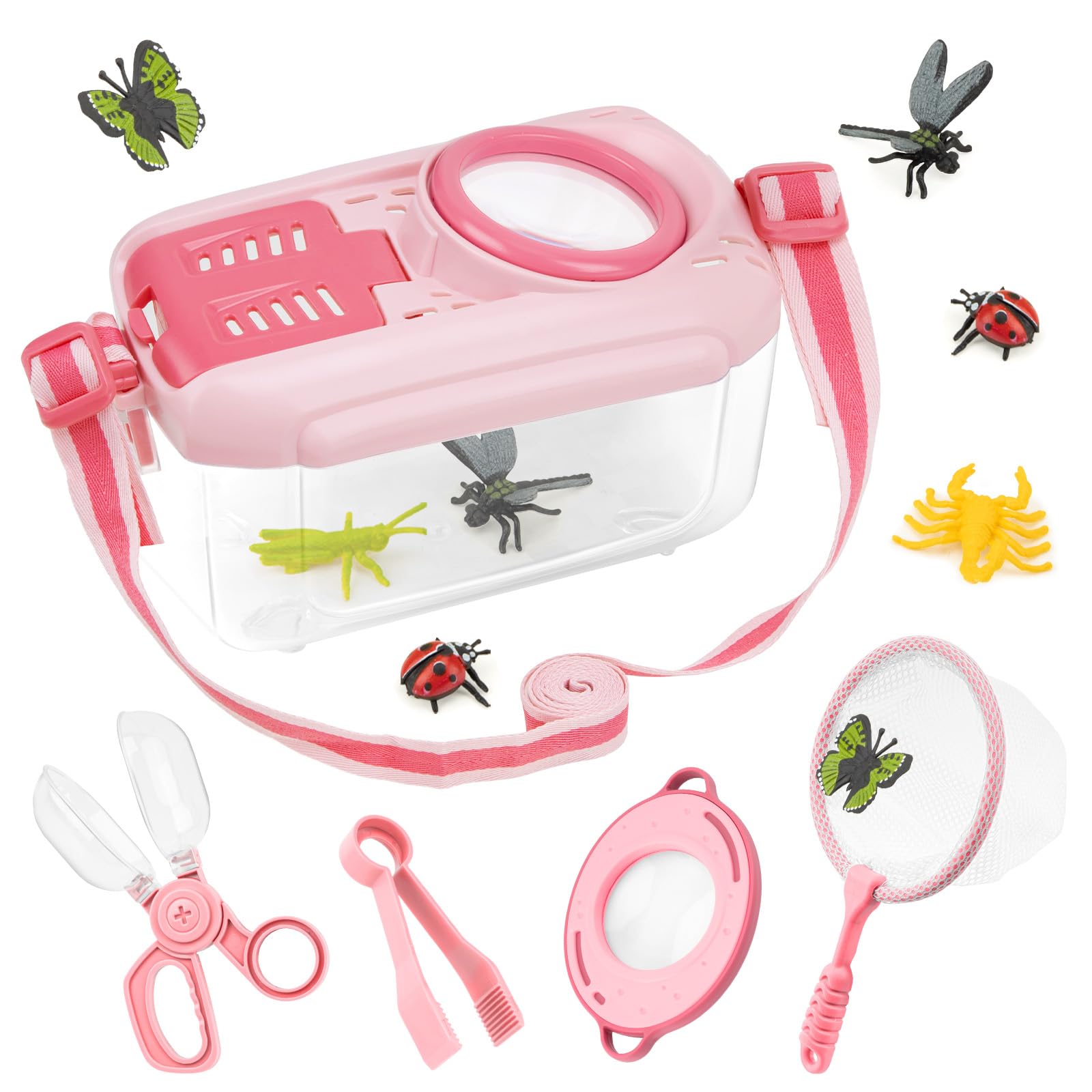 Funsland Bug Hunting Kits for Children - 5 Pcs Kids Bug Catching Kit with 12 Fake Insects, Outdoor Explorer Kit Toys for Toddlers, Educational Toys Gifts for Boys Girls 3 4 5 6 Years Old(Pink)