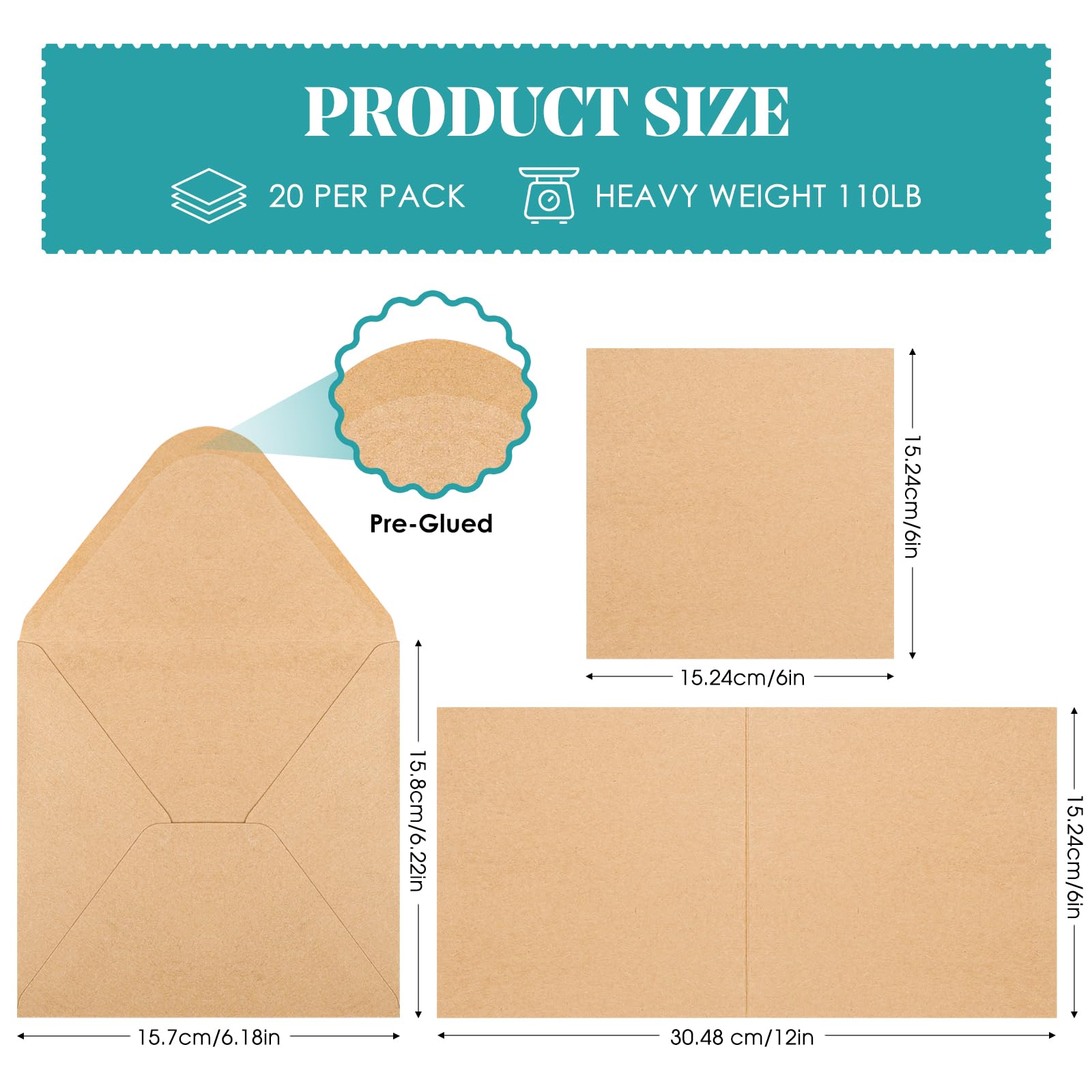 Tarjetas y sobres en blanco de 20 quilates, 15,2 x 15,2 cm, color marrón kraft pesado, 100 libras, sobres cuadrados de papel kraft plegados para tarjetas de felicitación, bodas, invitaciones, baby