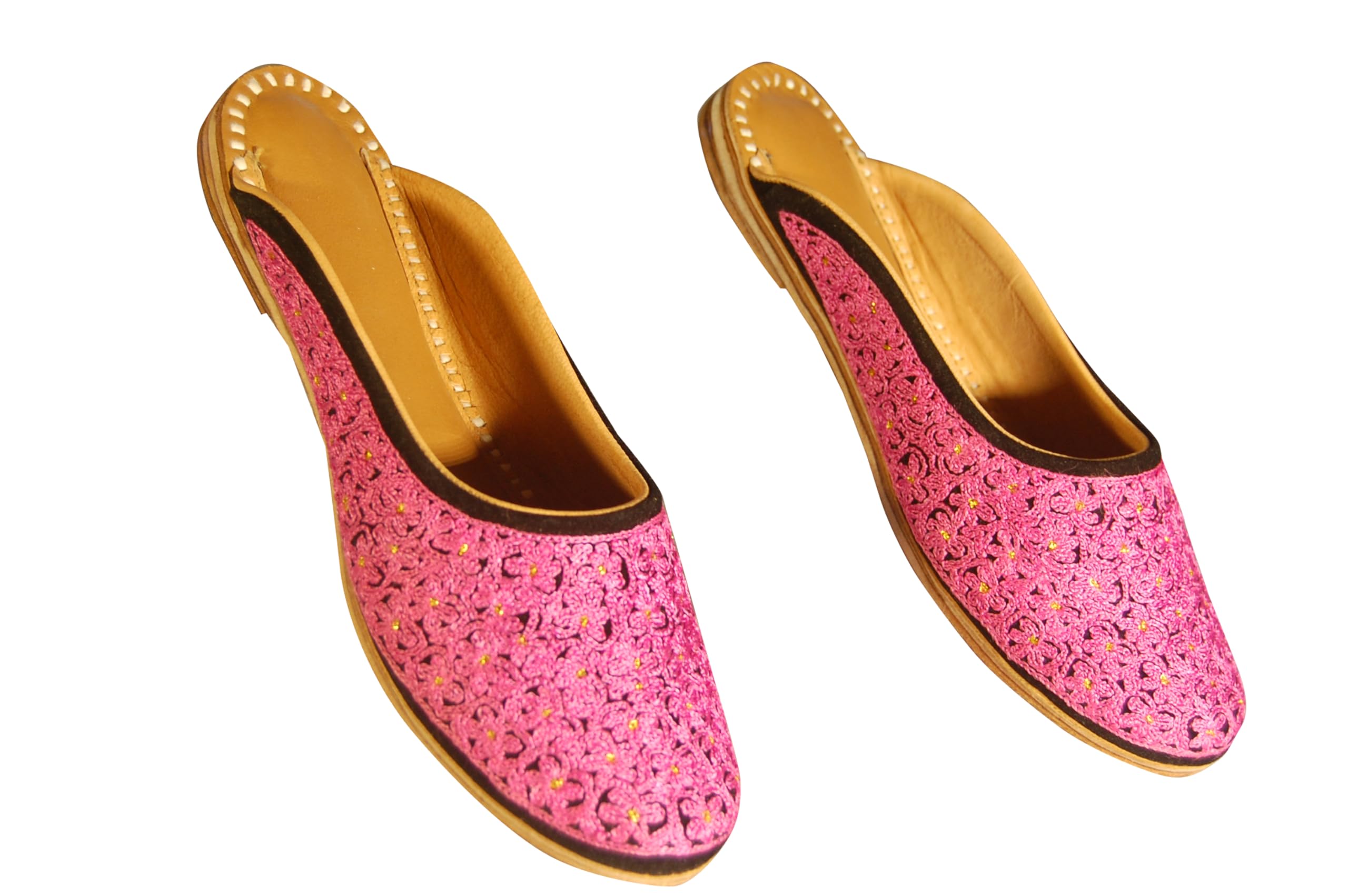 Pink Embroidered Leather Flat Mules with Golden Zari Accents on Black Velvet for Women-image-17
