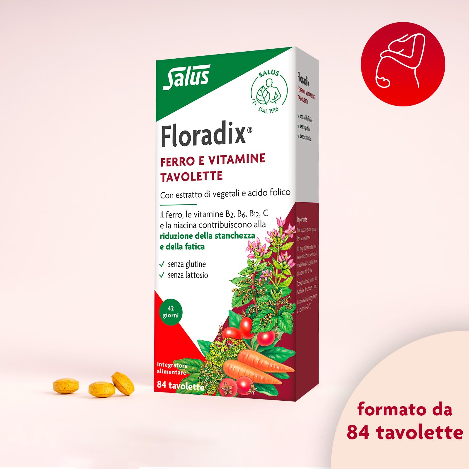 Salus Floradix - Integratore alimentare con Ferro e Vitamine per contribuire a ridurre la stanchezza e la fatica - 84 tavolette x 42 giorni