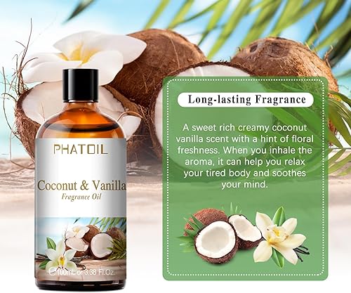 Miniatura 5 de PHATOIL 3.38 FL.OZ Aceites de fragancia de coco y vainilla para aromaterapia, aceites esenciales para difusores para el hogar, perfectos para