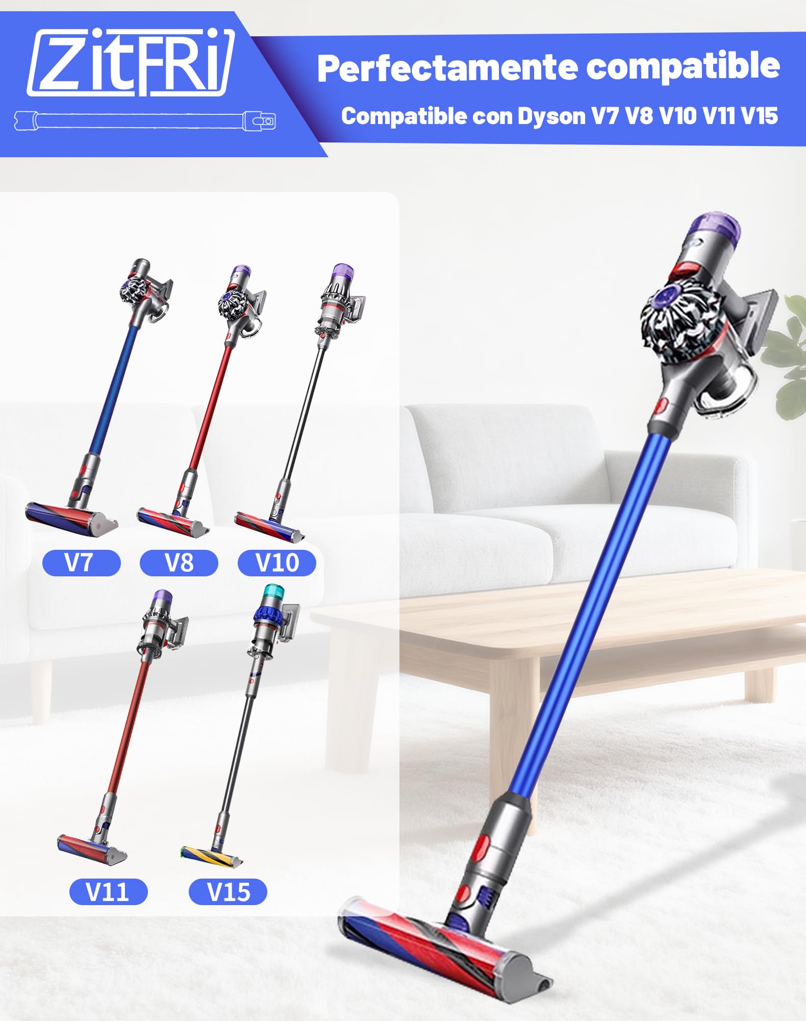 Tubo de Extensión Rígido Compatible con Dyson V11 V15 V10 V8 V7, Varilla de Aluminio con Conexión de Liberación Rápida, 72 cm - Azul