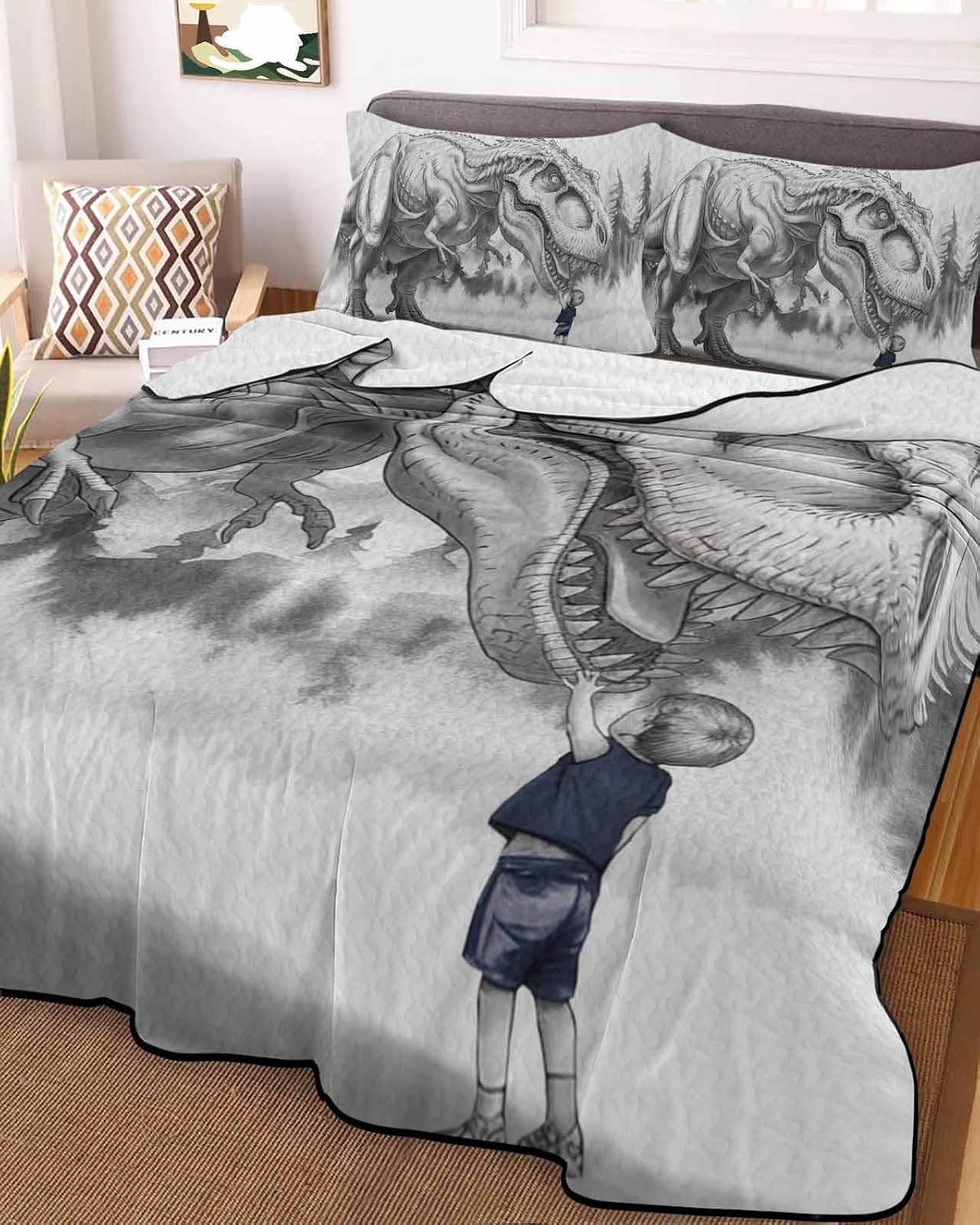 Summer Quilts Twin Size, Lightweight Quilted Coverlet Dinosaurs Boy Comforter Set for Bed, All Season Bedspreads Gray Funny Cartoon Forest Animals Soft Quilt Bedding with 2 Pillowcases 68x86 Inch