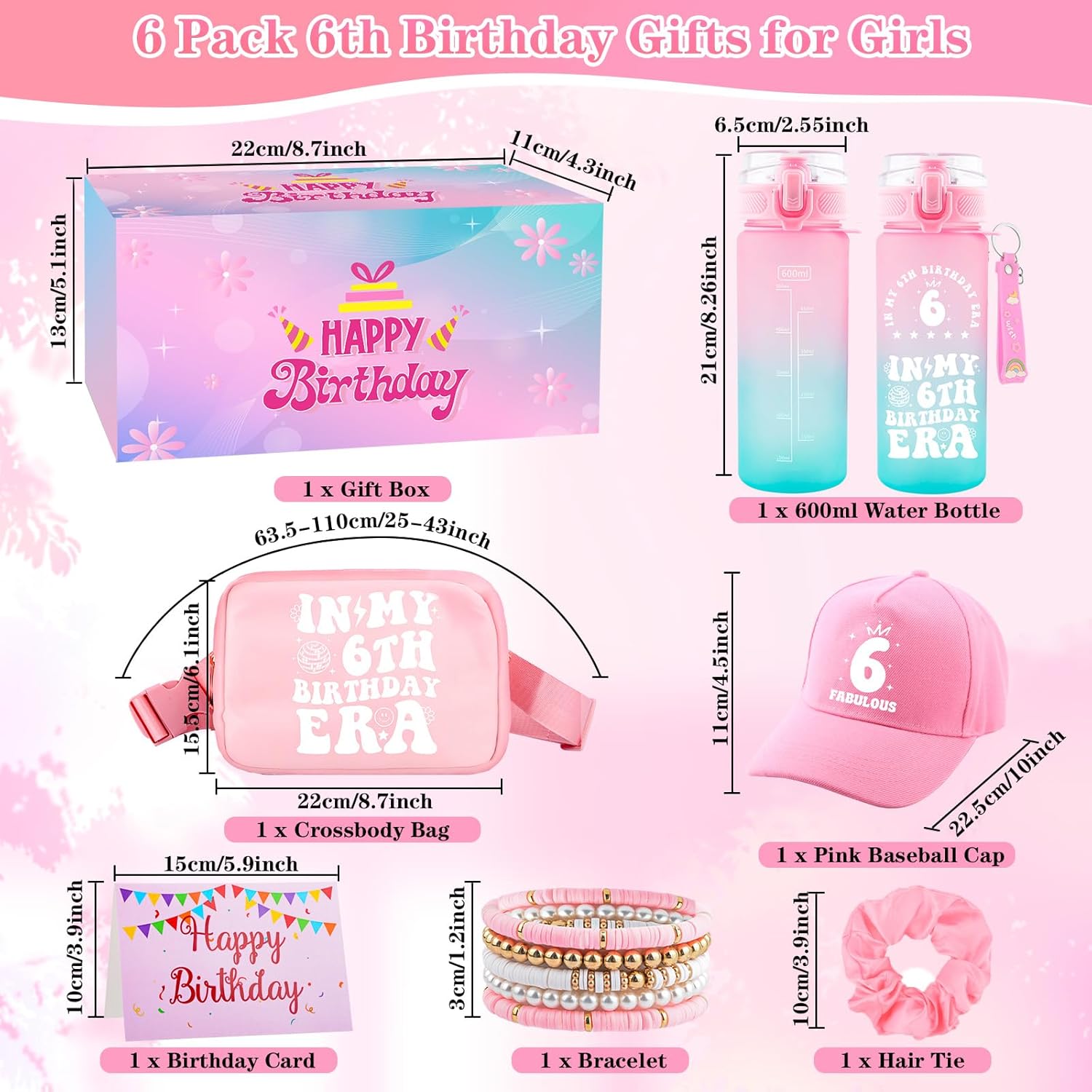 6th Birthday Gifts for Girls, 6 Year Old Girl Birthday Gift, Gifts for 6 Year Old Girl Trendy 2026 Water Bottle,Cap, Bag, 6 Birthday Gifts Ideal for Daughter Sister Niece, Things for 6yr Old Kids