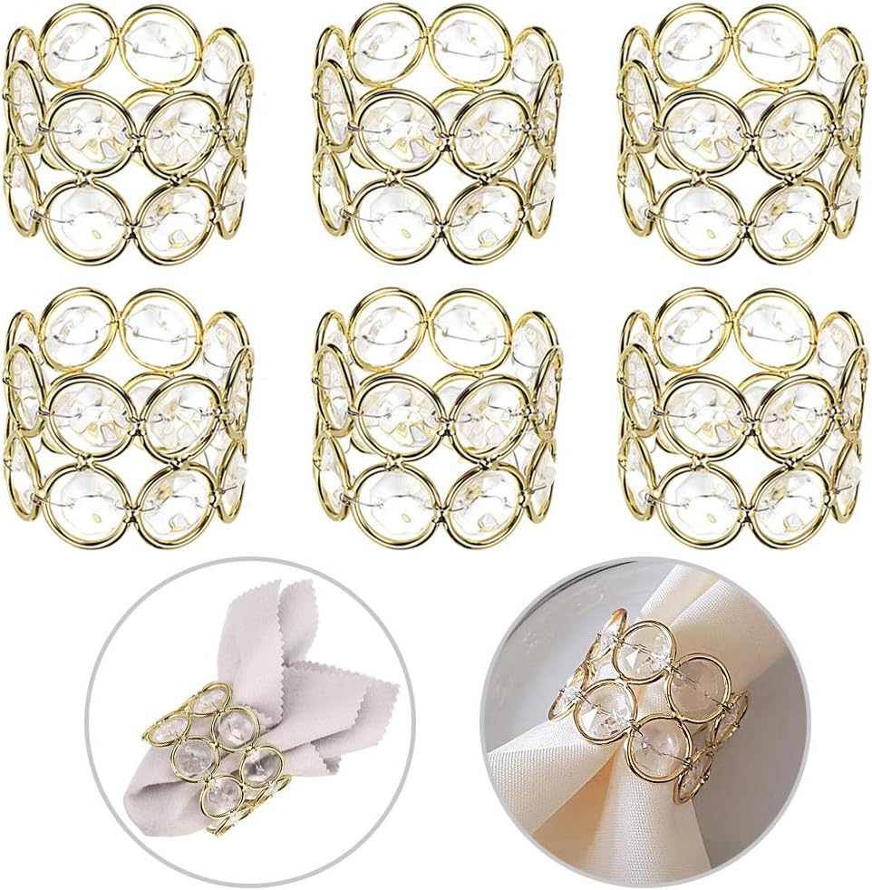 OwnMy Set of 6 Crystal Beads Napkin Rings Handcraft Sparkly Elegant Napkin Holders for Wedding Party Dinner Table Decor (Golden Tone)