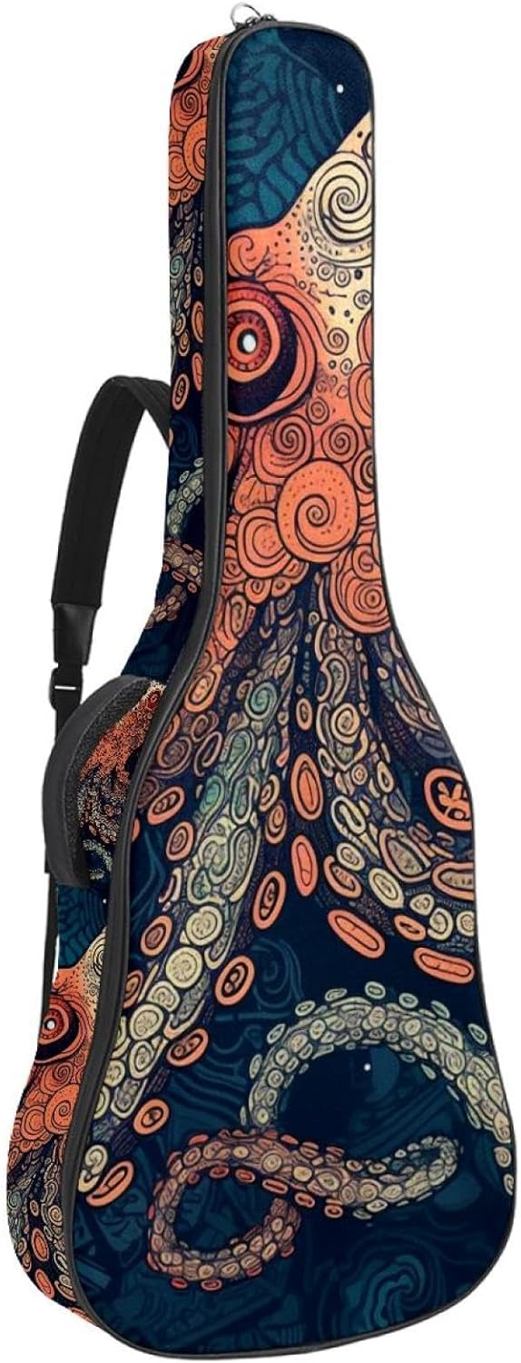 40/41/42-inch Octopus Art Acoustic Guitar Bag With Adjustable Shoulder Strap And 2 Storage Bags. Guitar Bag With Back Hanging Loop, Electric, and Classical Guitars