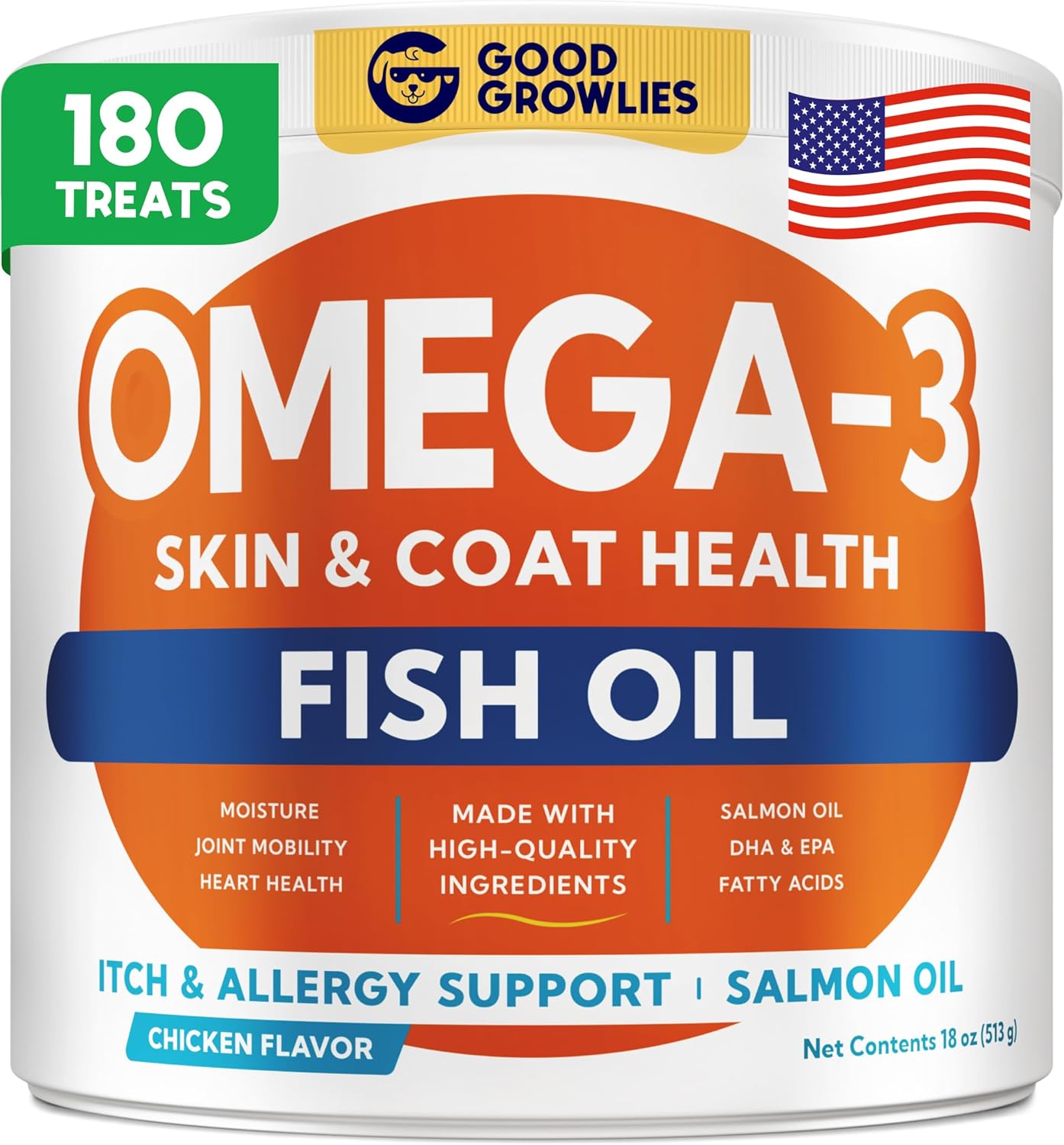 Omega 3 Fish Oil for Dogs (180 Ct) – Skin & Coat Chews – Dry & Itchy Skin Relief + Allergy Support – Shiny Coats – EPA&DHA Fatty Acids – Natural Salmon Oil Chews Promotes Heart, Hip & Joint Support