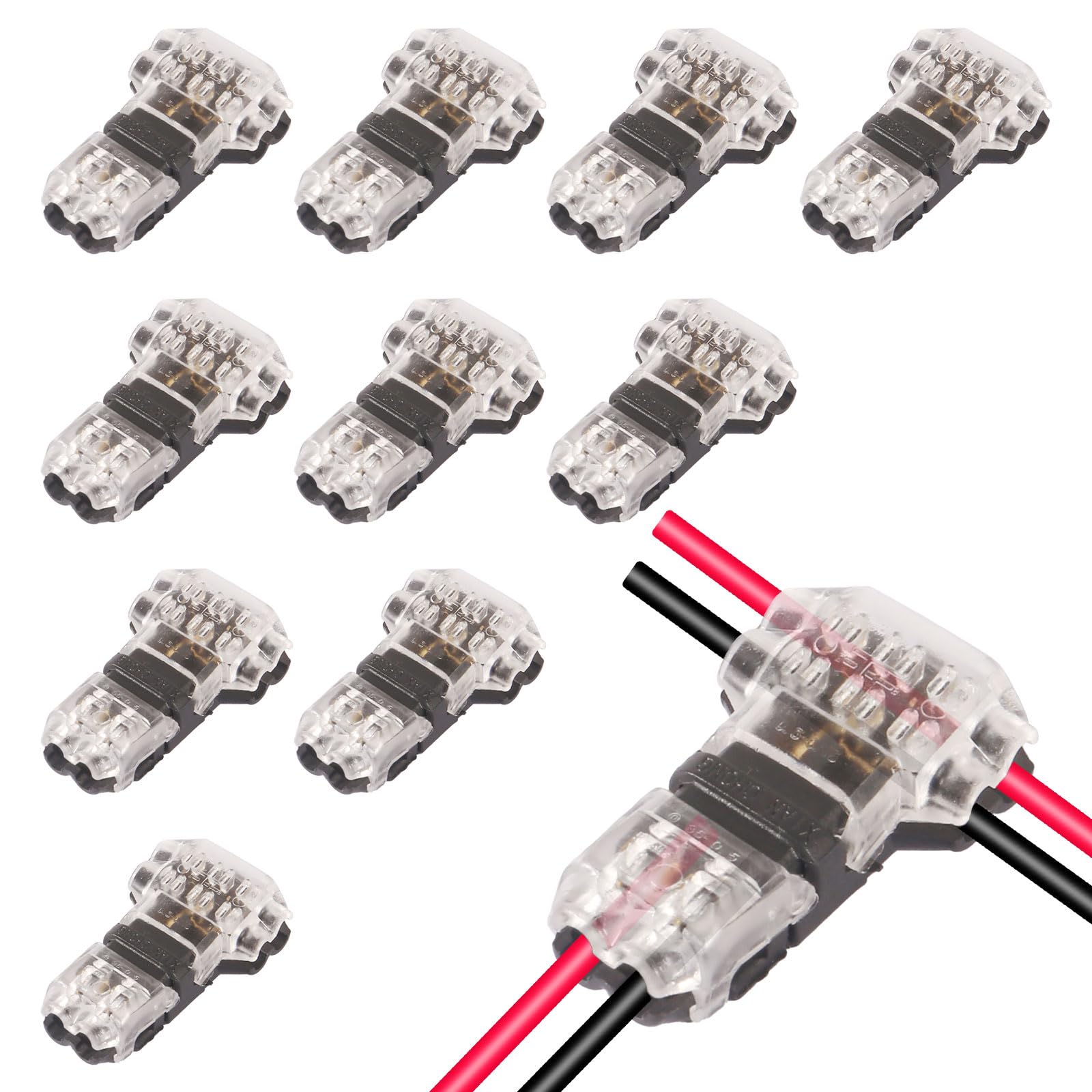10PCS Low Voltage Wire Connectors Solid Connection, T Tap 2 Pin Quick Wire Splice Connectors, Self-Stripping 3 Way Wire Connector for LED Strip/Audio/Video/Automotive, 24-20 AWG
