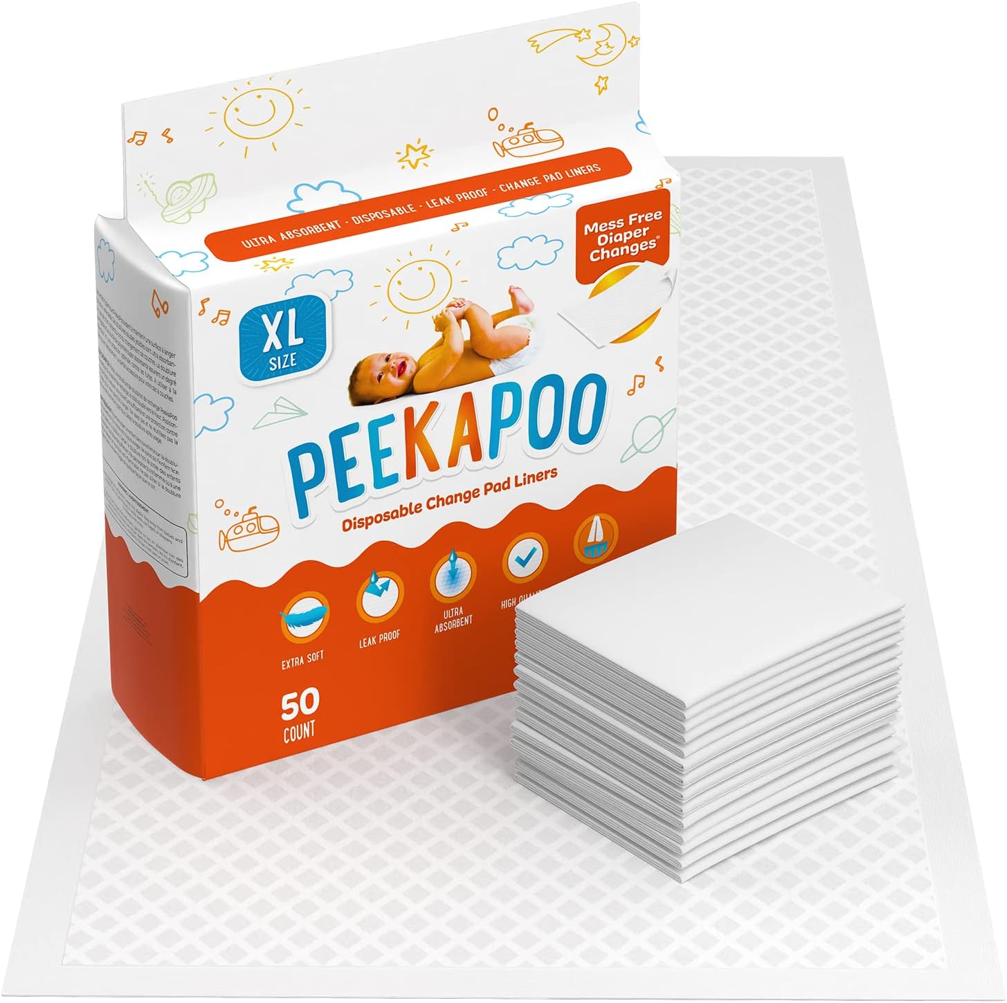 Peekapoo XLarge (30"x18") Disposable Changing Pads for Baby Portable Changing Pad Liners for