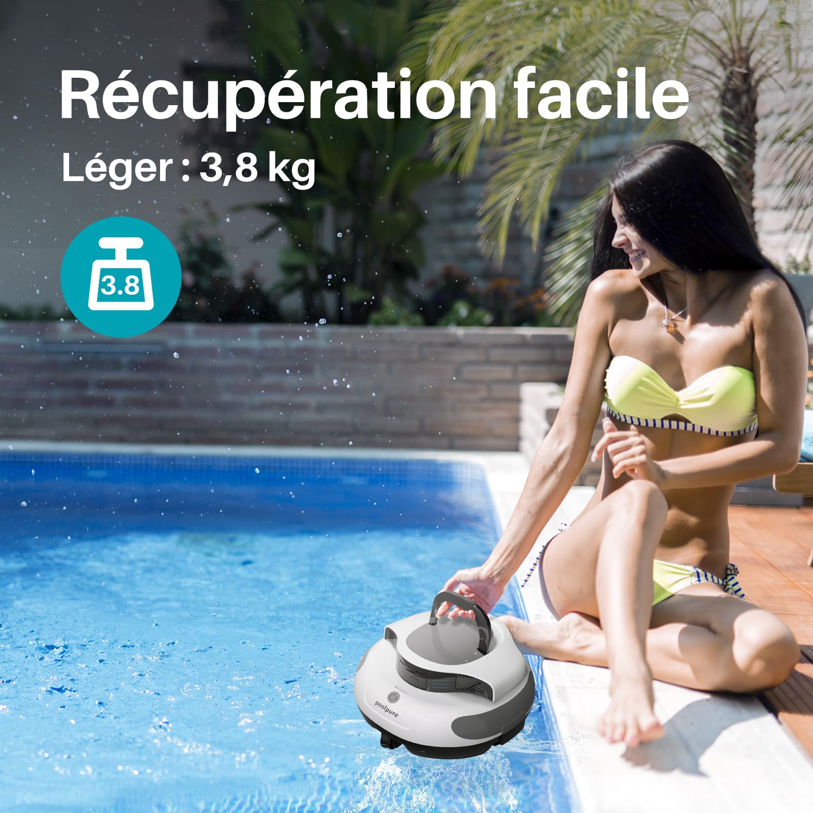 POOLPURE Aspirateur de Piscine, 5000 mAh, Double Moteur - Indicateurs LED - Fonction Auto-stationnement - IPX8 - Robot de Piscine sans Fil pour piscines, pour Piscine Plate Max 90㎡,Blanc