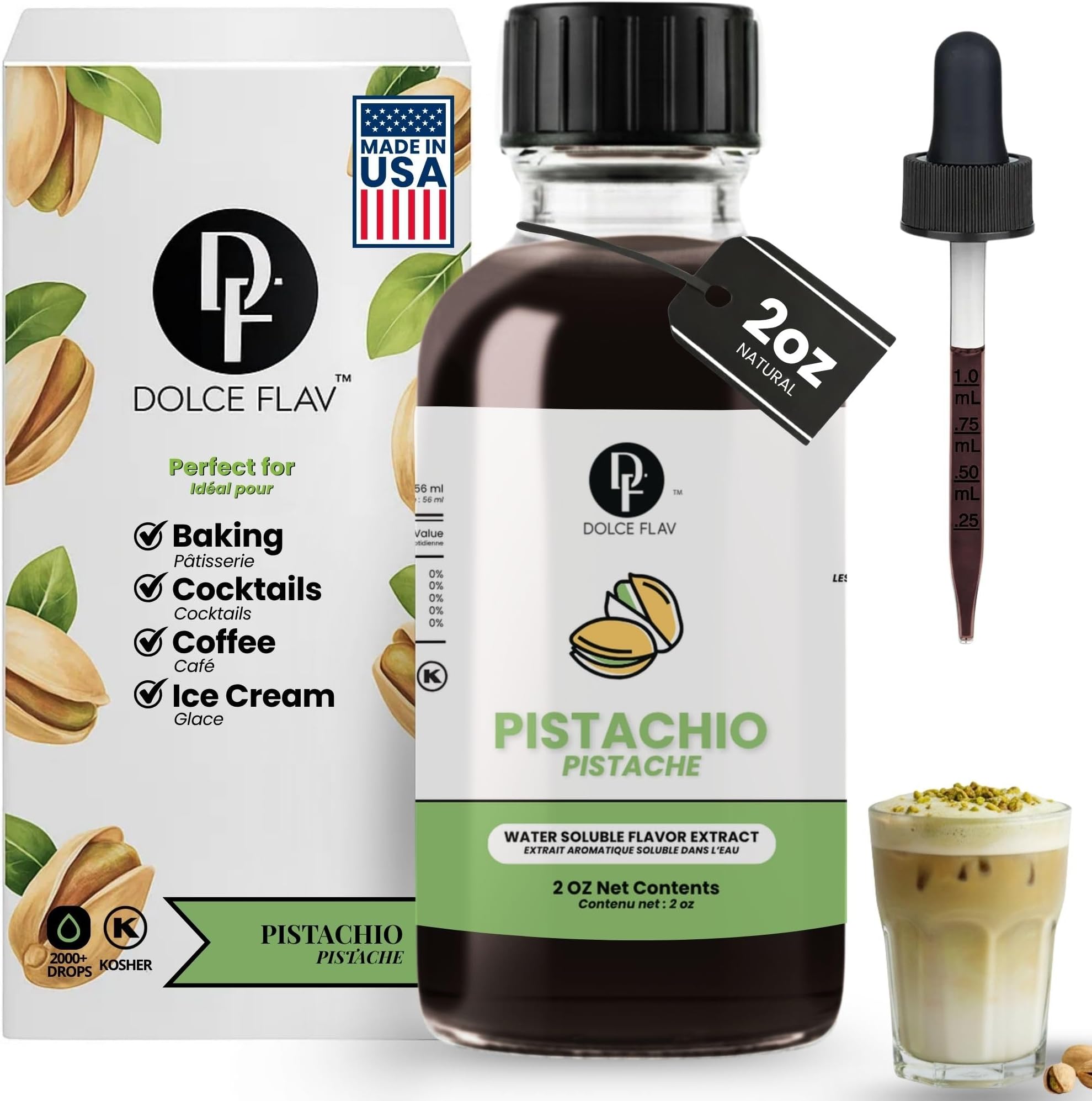 Dolce Flav Pistachio Extract – 2 Ounce Water-Soluble Kosher, Sugar-Free, Concentrated Nutty Pistachio Flavor for Baking, Ice Cream & Pastries, Includes Measured Dropper