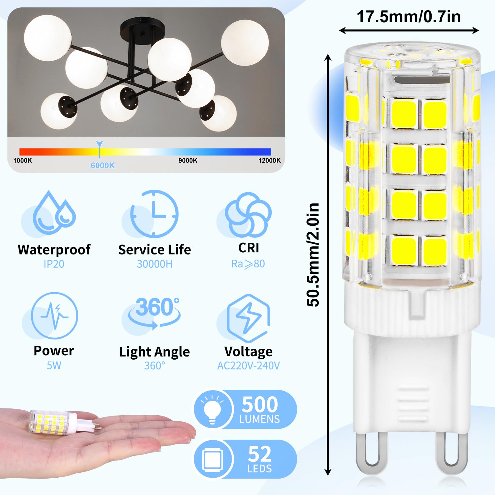 8 Pezzi G9 Lampadine LED, Bianco Freddo 5W 6000K 500LM Equivalente 40W Lampada Alogena, 220-240V Angolo a fascio 360 °, Non Dimmerabile, lampadina g9 led per Soggiorni, Camere da Letto, Corridoi