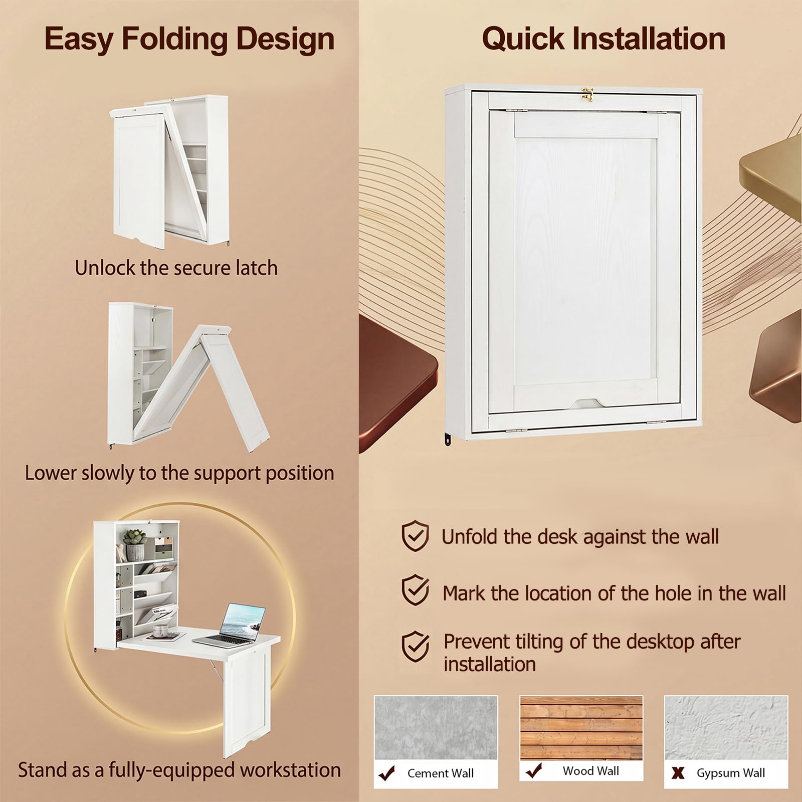 KOMFOTTEU Escritorio Plegable de Pared con 7 Compartimentos