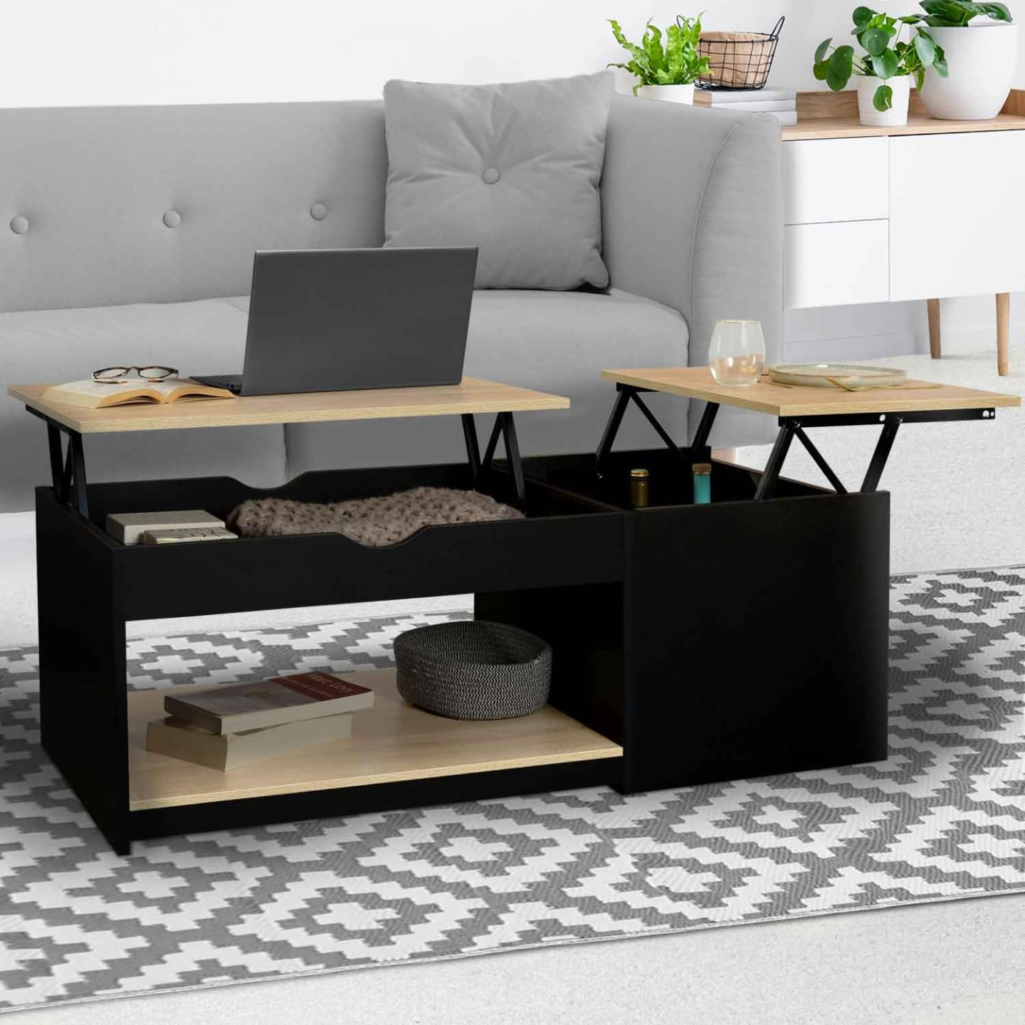IDMarket - Table Basse 2 Plateaux relevables rectangulaire EYLA avec Coffre Bois Noir et façon hêtre
