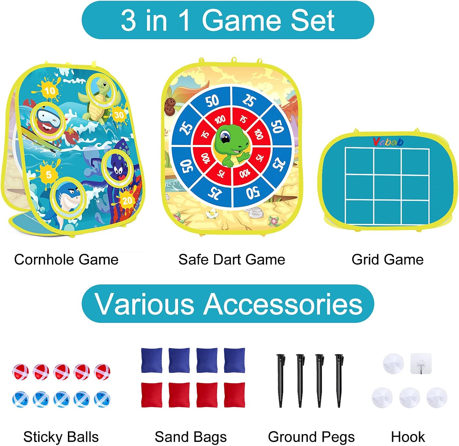 Vobab Bean Bag Toss Game for Kids, 3 in 1 Cornhole Game Set for Toddlers, Collapsible Cornhole & Dart Board for Kids, Ocean & Turtle Themed Cornhole Outdoor Game, Great Gifts for Boys Girls : Toys & Games