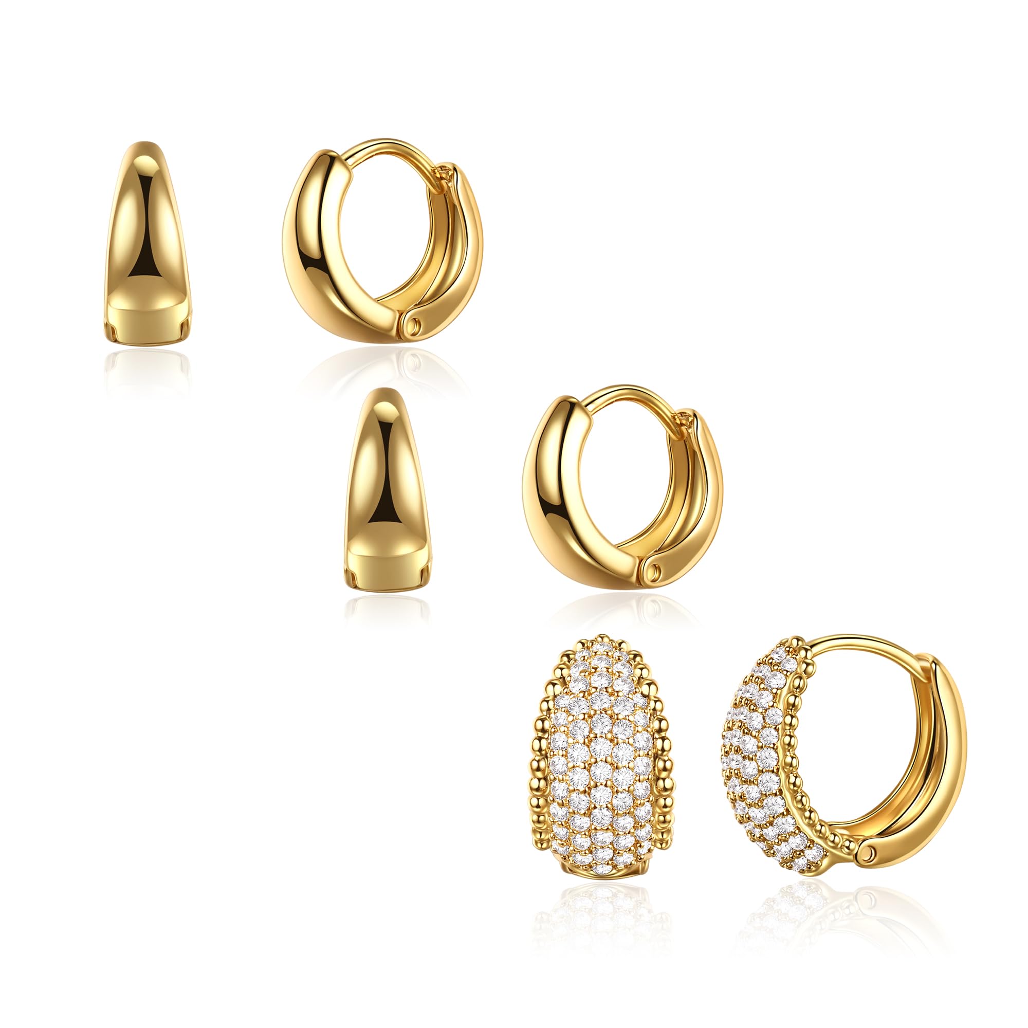 3-teiliges goldfarbenes Creolen-Ohrring-Set, stapelbar, kleine Huggie-Creolen und Ohrstecker, klobige Goldohrringe, hypoallergen, anlaufgeschützt, zierliches Schmuck-Geschenk-Set für Frauen