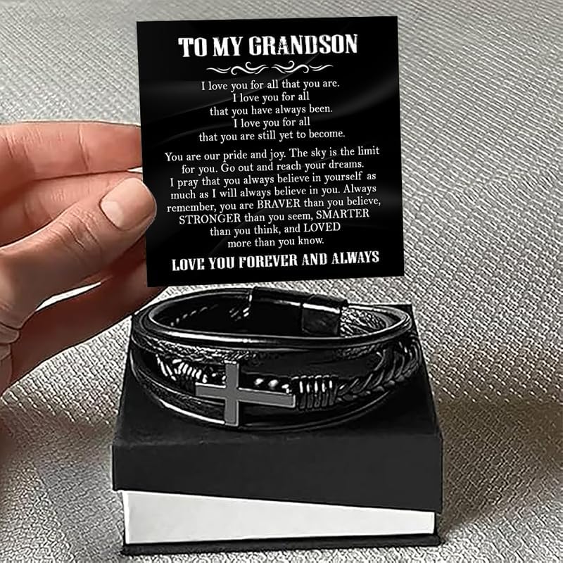 To My Grandson Cross Bracelet from Grandma and Grandpa, Braided Leather Bracelet For Grandson From Grandparents, Graduation Gift For Grandson, Grandson Birthday With Message Card - Image 2