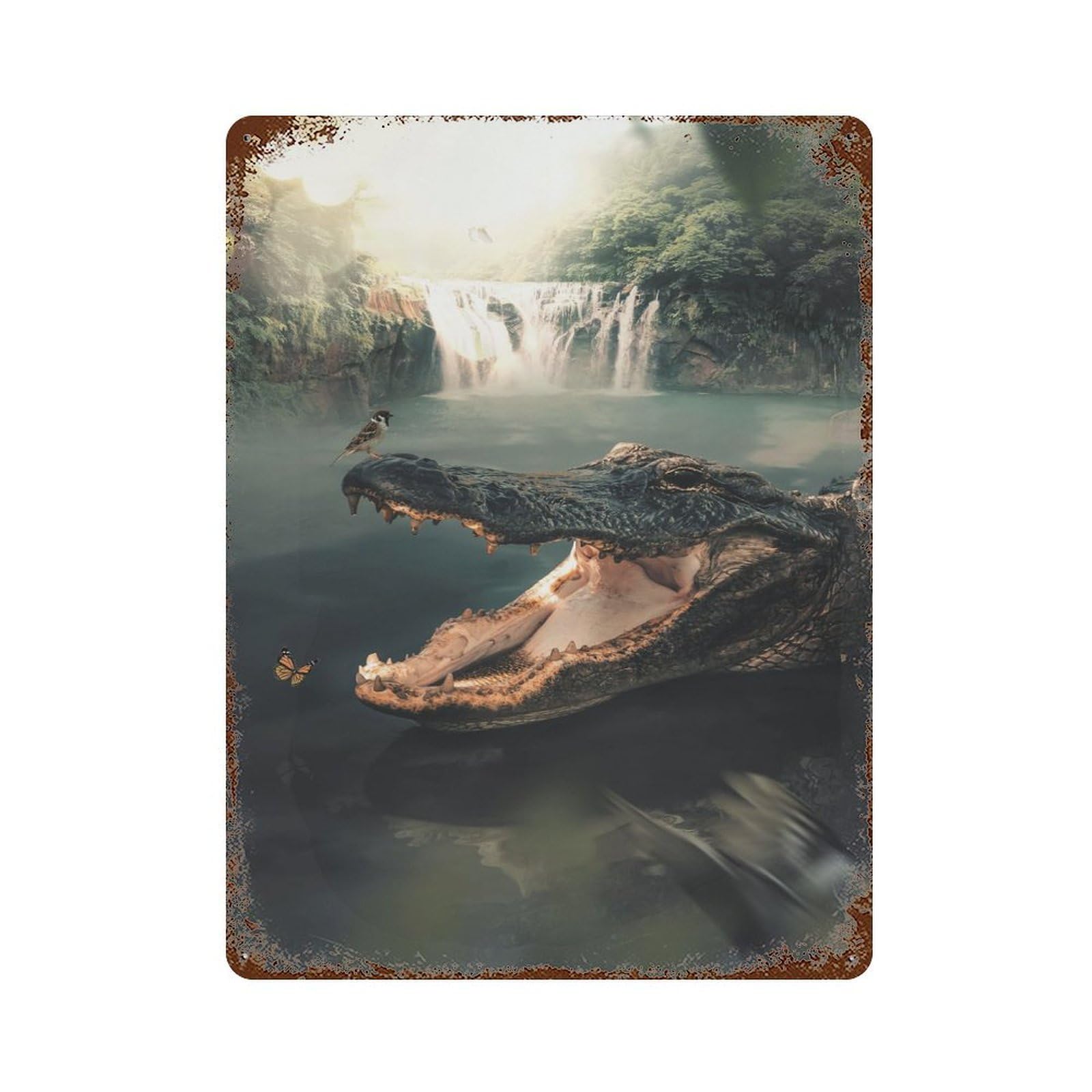 Garage Style Crocodile And Sparrow Distressed Metal Wall Sign 15.7"x11.8", Novelty Wall Decor for Bar And Workshop