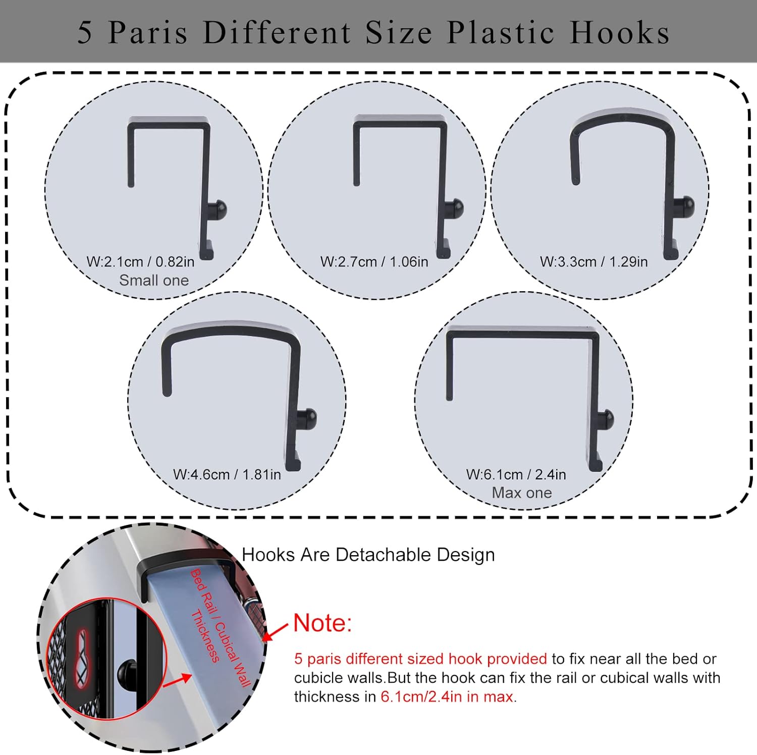 Bedside Caddy Shelf Hanging Storage Basket for Bunk Bed and Office Cubical Walls,Baby Bed Rails,College Dorm Bed Organizer - 5 Pairs Sized Hooks-for Phone Glass Magazine Decor (White) - Image 3