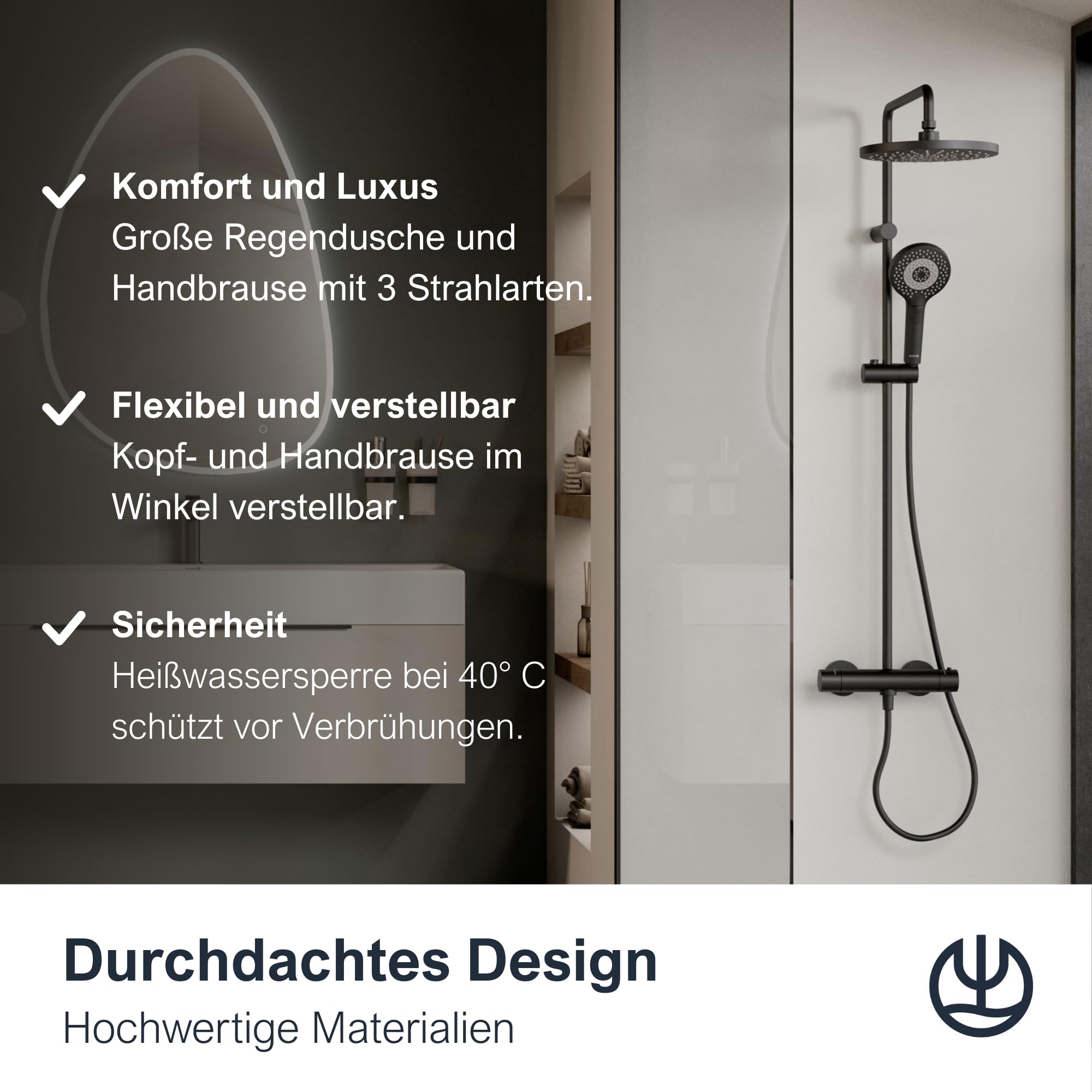 KLUDI-X1 Duschsystem mit Kopf- und Handbrause, Thermostat Dual Shower System, Mattschwarz, Wandmontage, Thermostatarmatur, Ø 250 mm Kopfbrause, 3 Strahlarten, 6906739-81