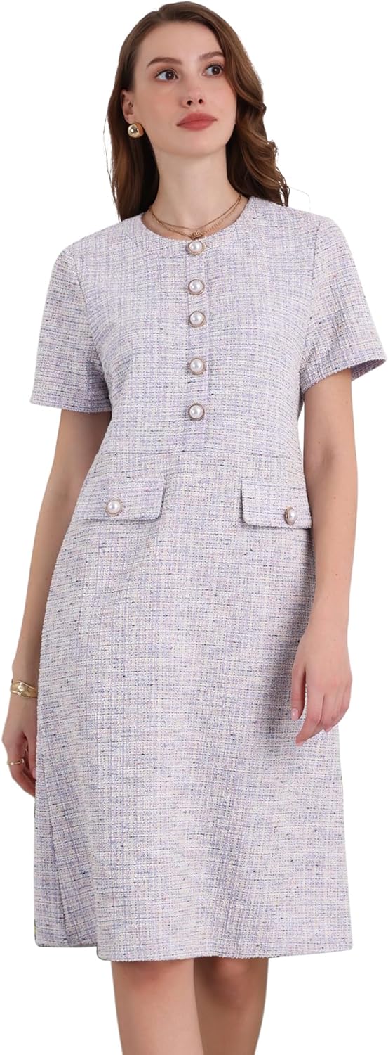 Hobemty Women's Short Sleeve A-line Dress Button Decor Elegant Work Tweed Dresses