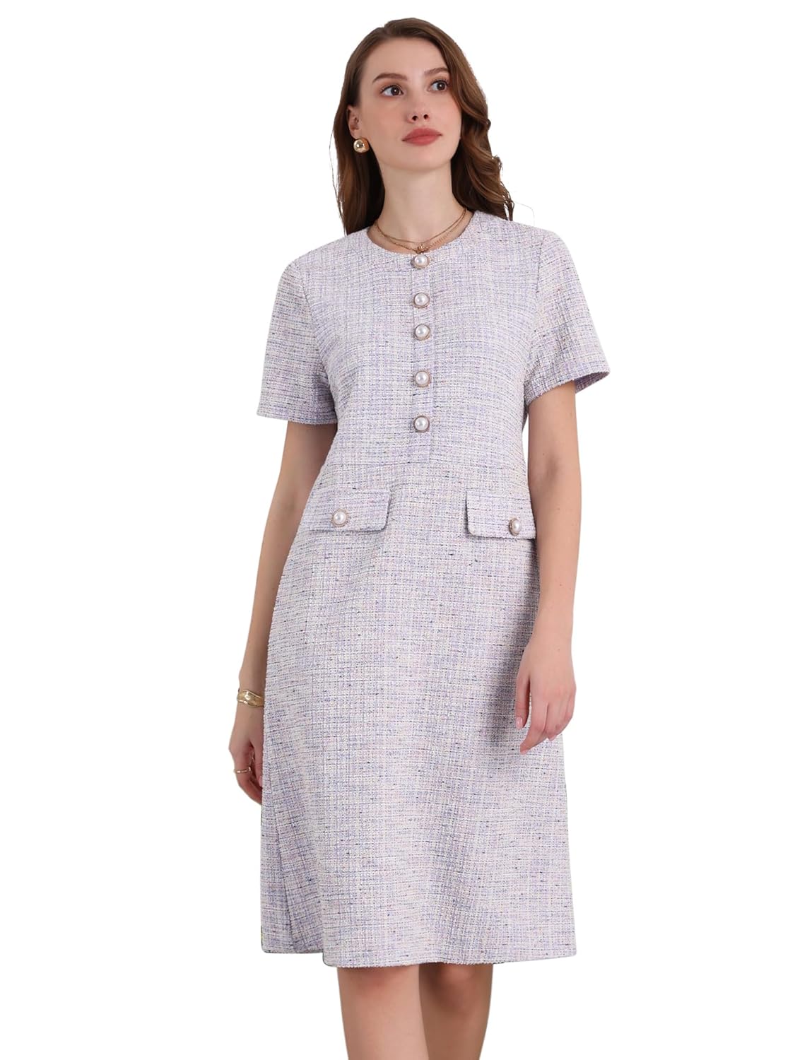 Womens Short Sleeve A-line Dress Button Decor Elegant Work Tweed Dresses