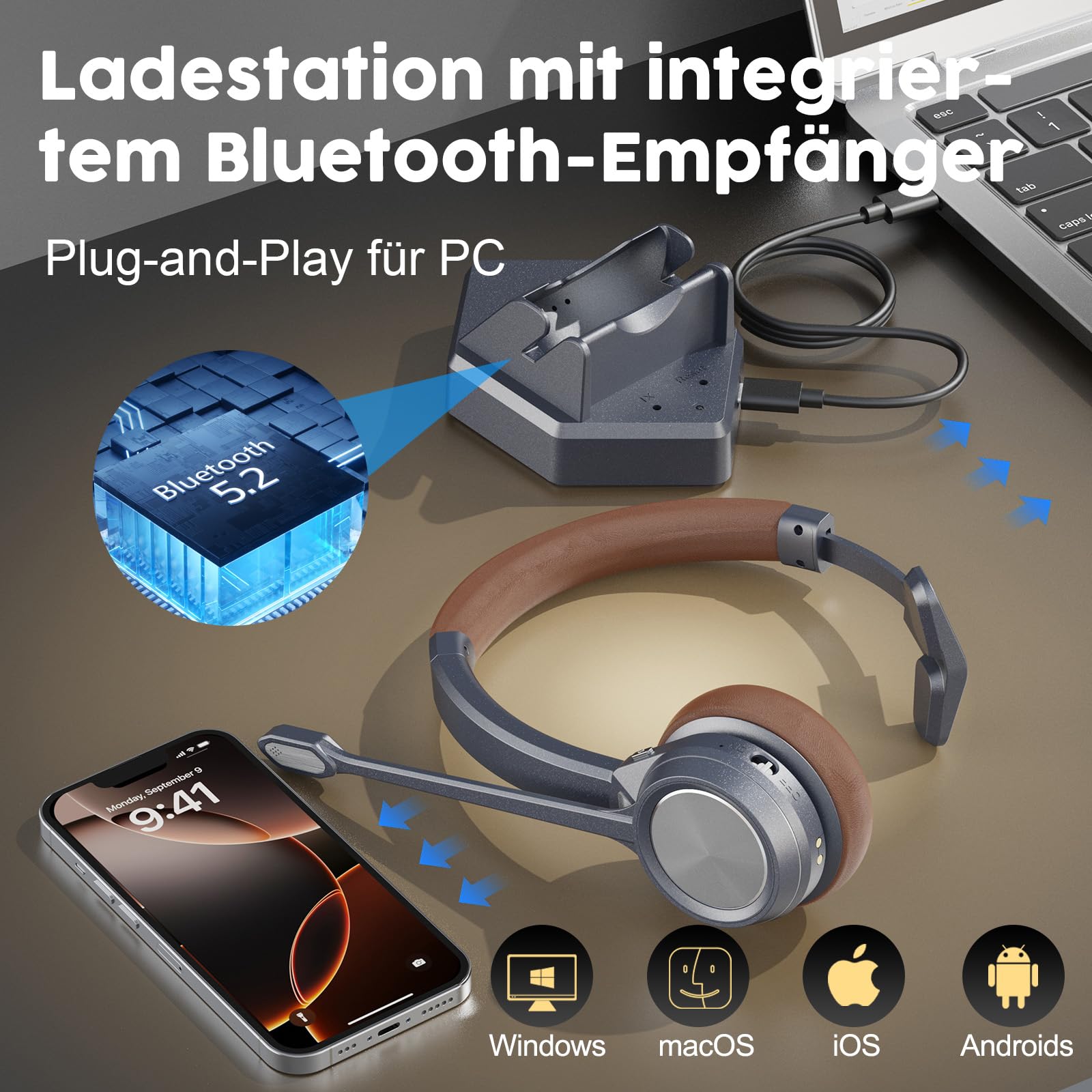 Cuffie Bluetooth con microfono, cuffie mono wireless con microfono AI Noise Cancelling, stazione di ricarica, dongle USB, 40+ ore di batteria, cuffie wireless on-ear per ufficio, casa, call