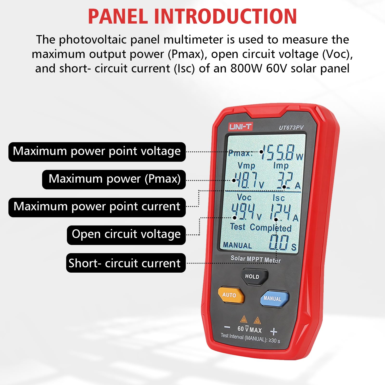 Solarpanel Tester, UT673PV 800W Photovoltaik Multimeter mit LCD-Display, Photovoltaik Solarpanel tester Leistungsmessgerät, Smart MPPT Leerlaufspannungs Fehlerbehebung, kein Strom erforderlich