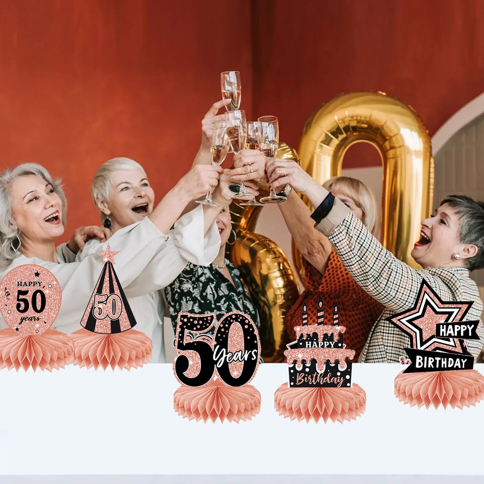 Decorazioni Tavolo 50° Compleanno A Nido D'Ape – 10 Pezzi Oro Rosa, Centrotavola E Topper Per Torta, Festa Uomo/Donna