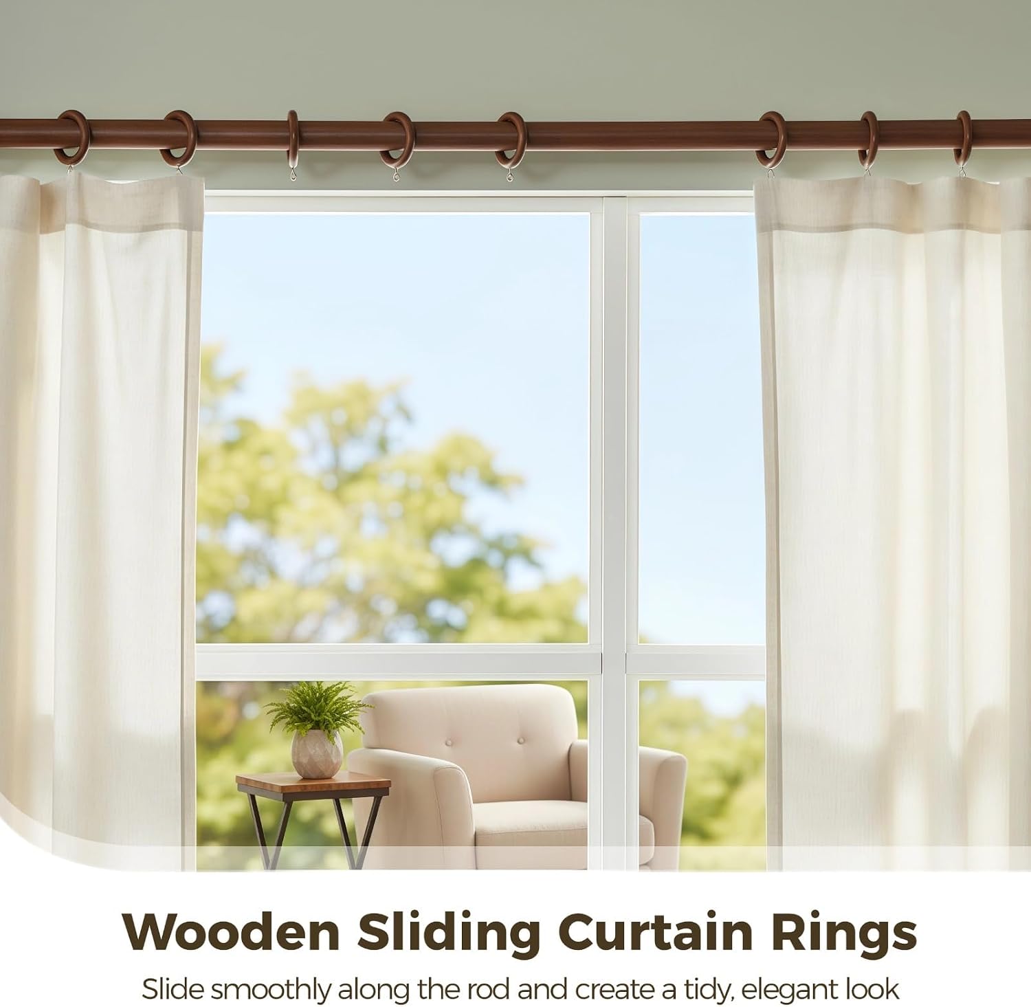 24 Pcs Curtain Rings with Stainless Steel Hooks, Walnut Wood, 2.72 Outer & 1.75 Inner Diameter, Smooth Sliding Drapery Rings, Home Decor