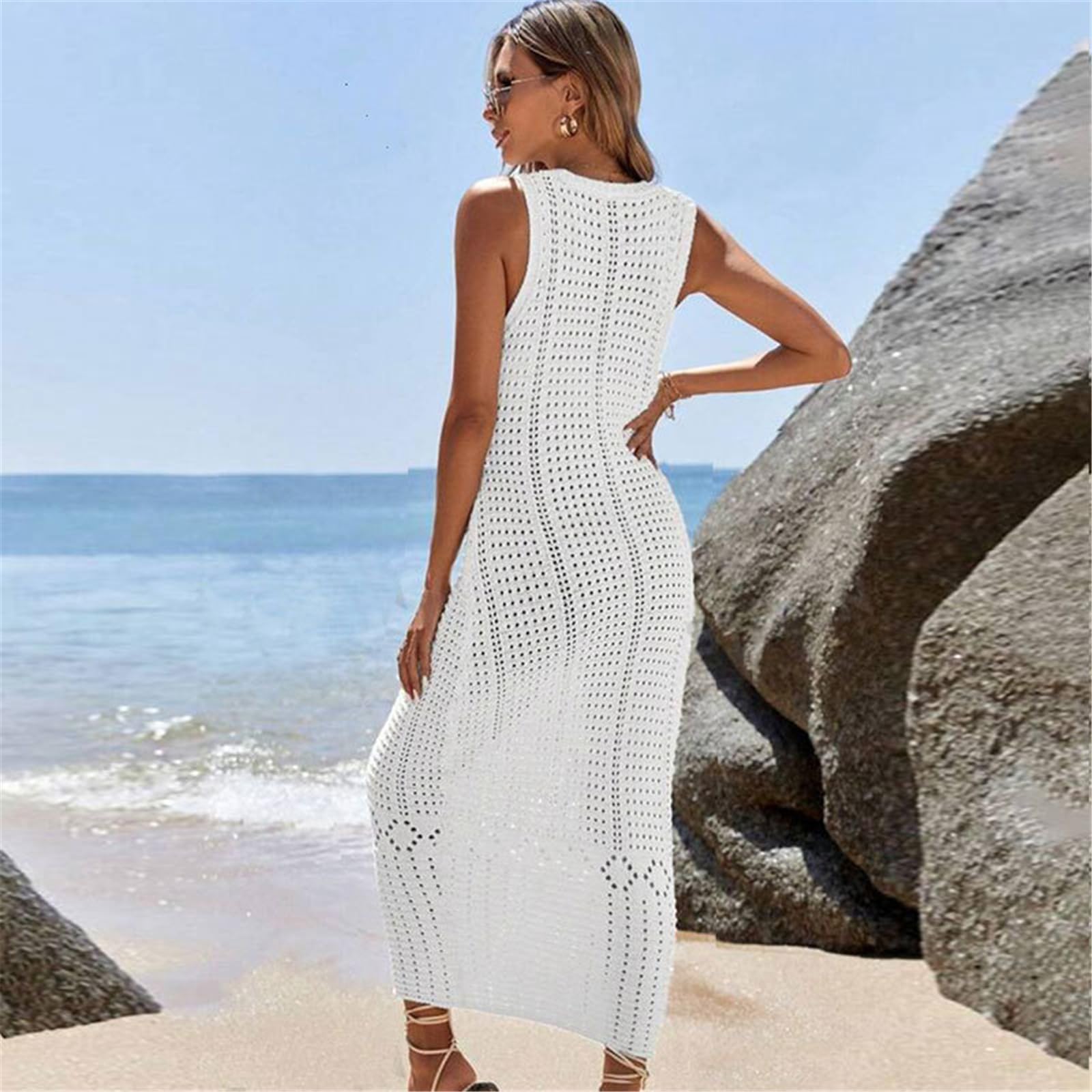 Elegante abito lungo in maglia scavata per costumi da bagno Beach Coverup Dress Comodo per feste in piscina e vacanze al mare