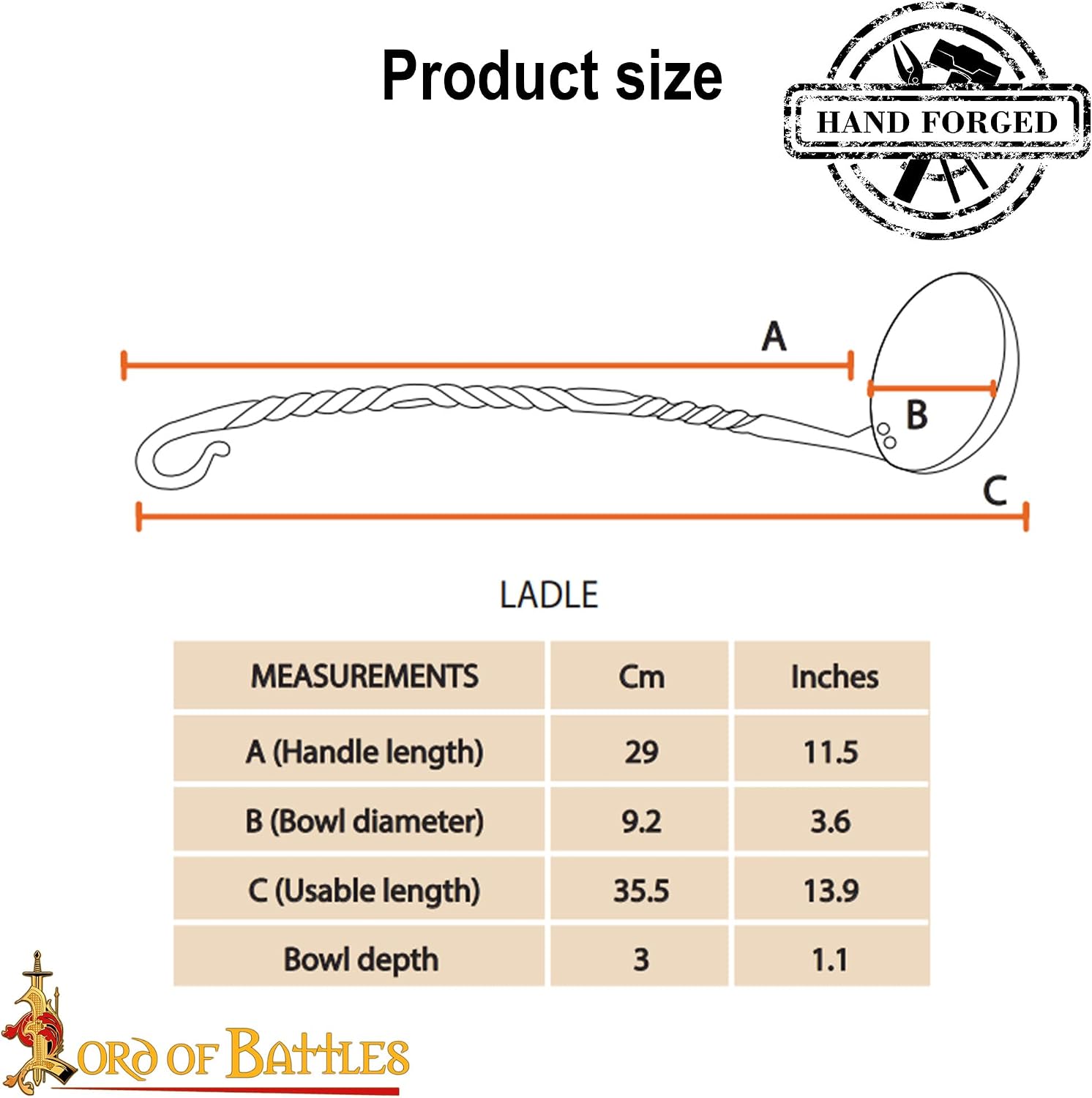 Lord of Battles Hand Forged Iron Ladle - 11 inch Twisted Handle Cooking Ladle, Rustic Medieval Style Serving Spoon for Kitchen, Campfire & Decorative Use