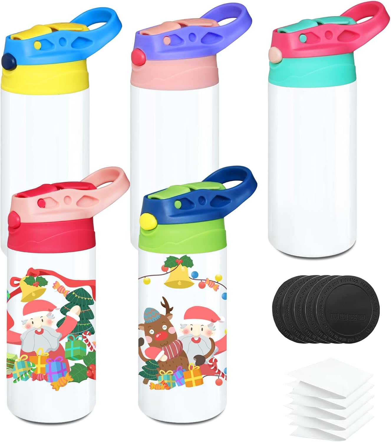 5 PACK Kids Sublimation Tumblers, 12oz Blank Sippy Cups, Stainless Steel Sublimation Water Bottle Blanks for DIY Heat Press Print Crafting Gift