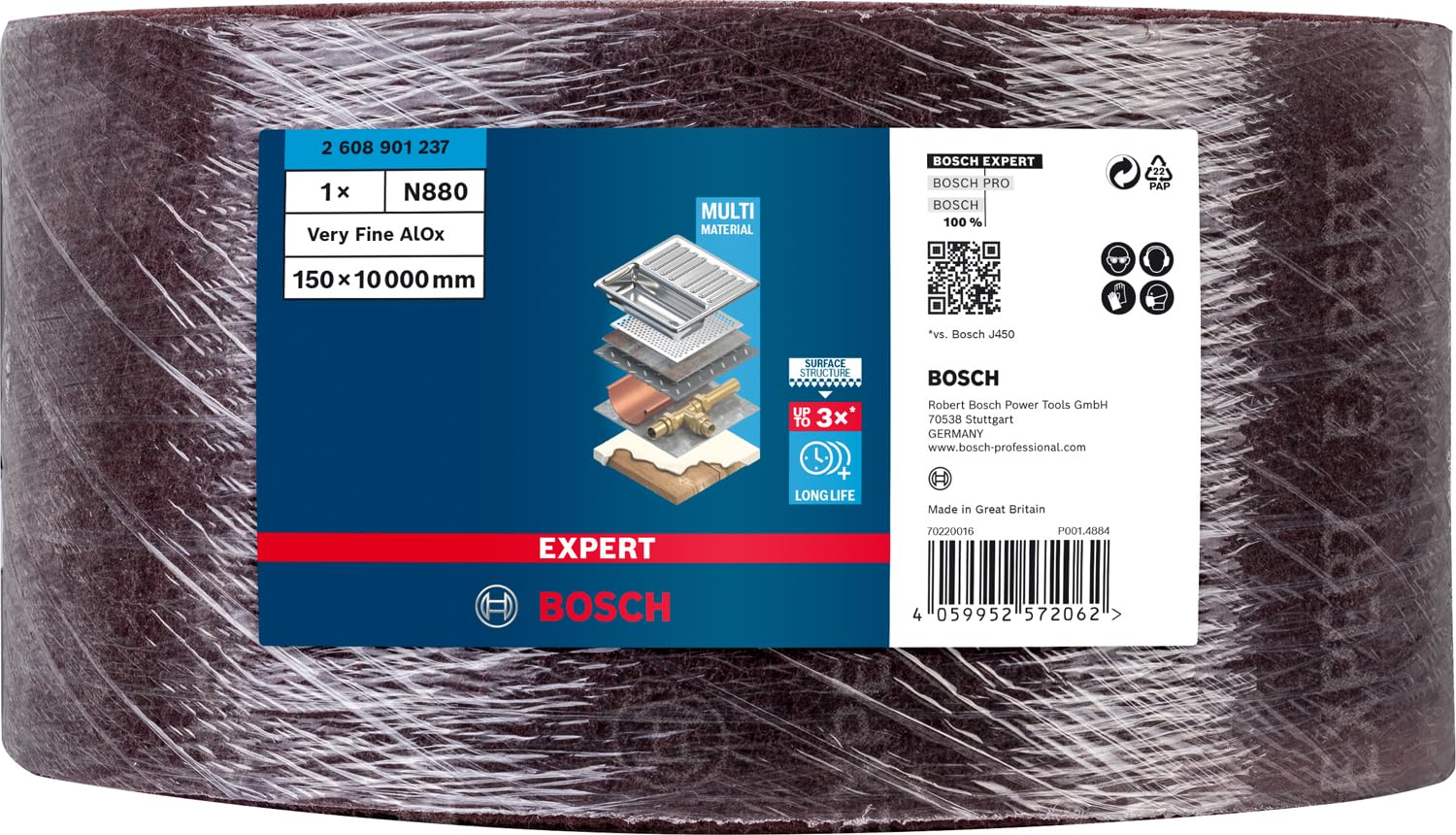 Bosch Accessories Tessuto non tessuto in rotolo Expert N880 per Lamiere di acciaio, Larghezza 150 mm, Lunghezza del rotolo m 10 m, Molto fine A, Accessorio Levigatura manuale