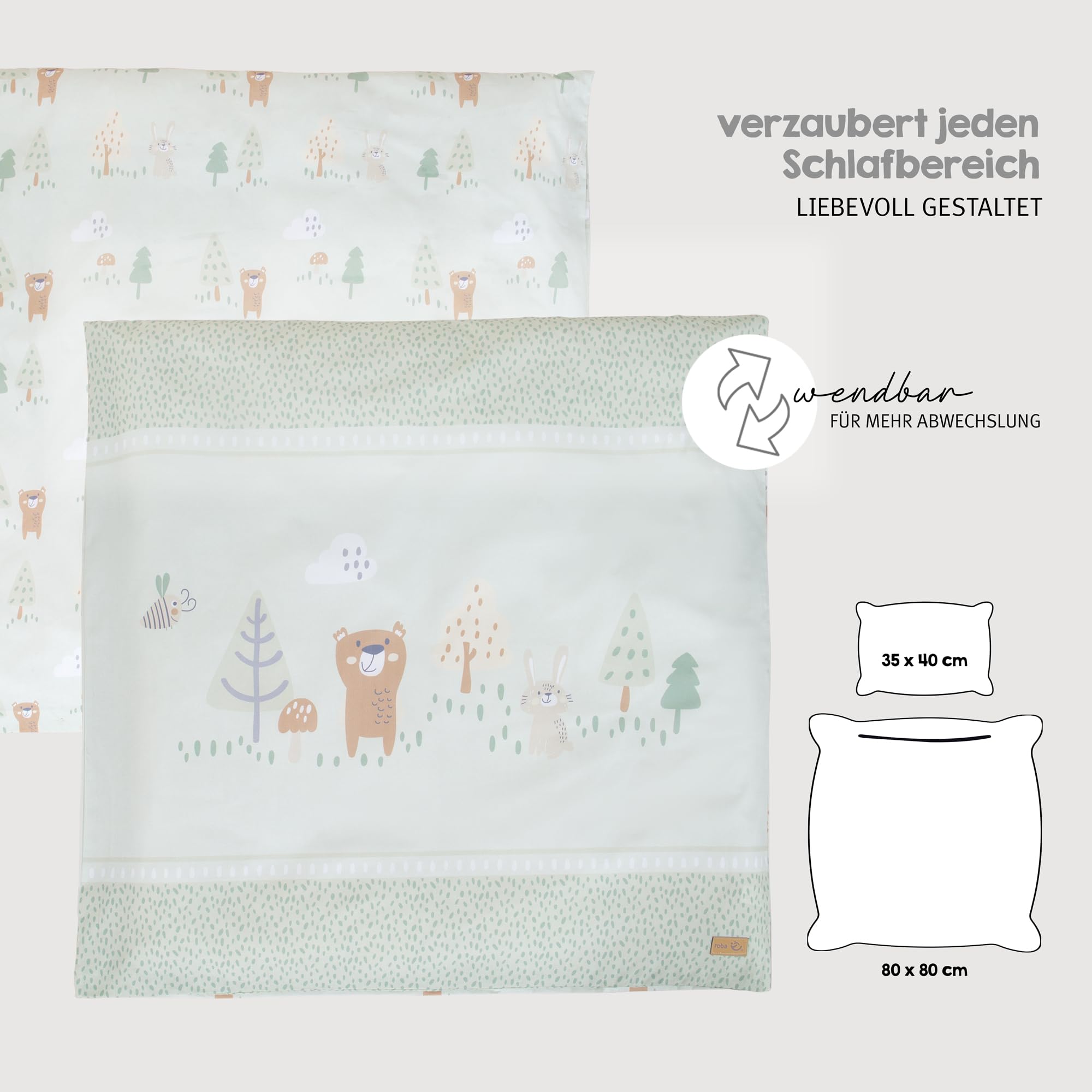 roba Biancheria per Culla Woodland Buddies - Piumino 80 x 80 cm + Federa 35 x 40 cm - Cotone Morbido - Verde Pastello con Orso, Coniglio & Ape