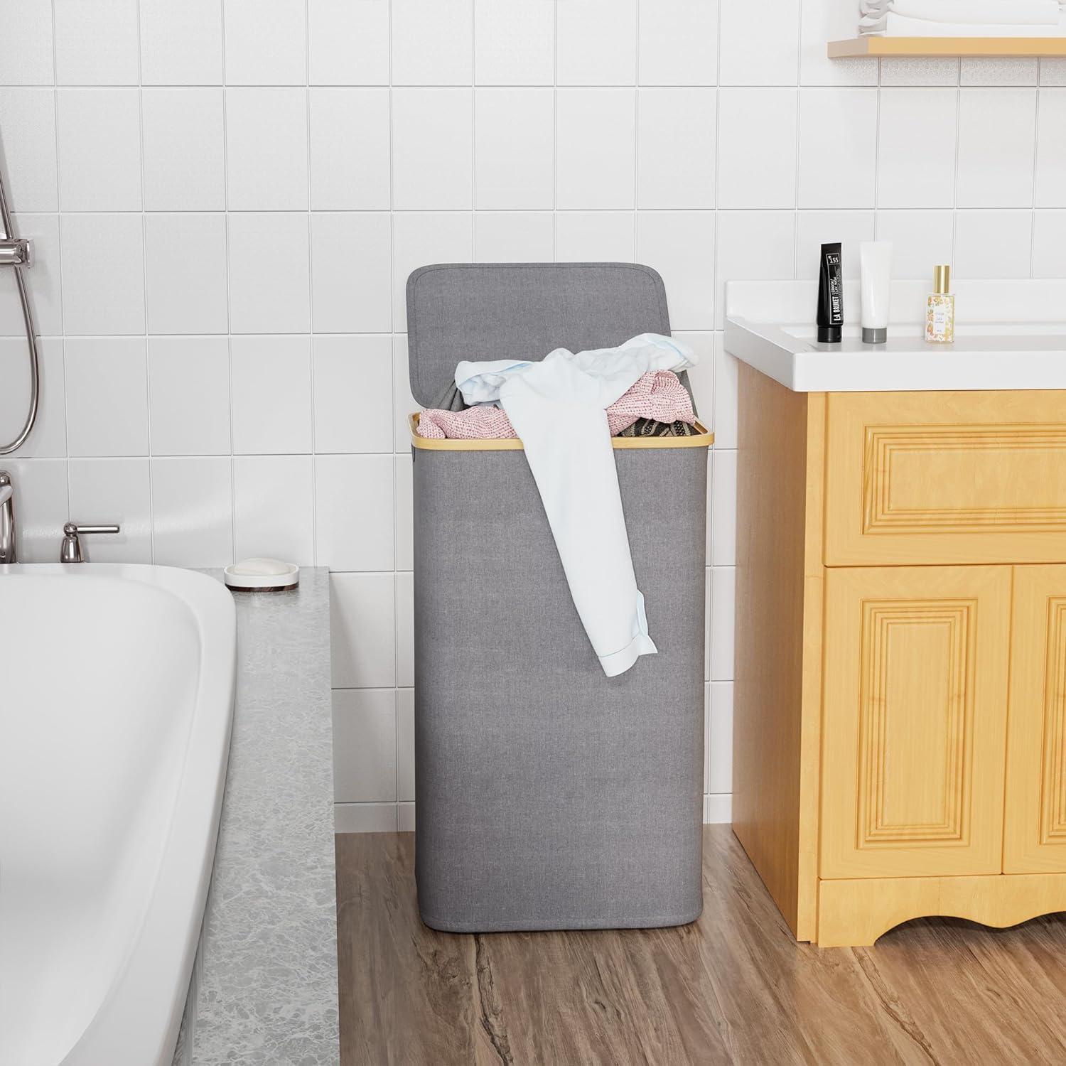 Cesto Ropa Hamper Cesto Plegable para La Colada con Tapa, Cesta para Ropa Asas De Bambú para Dormitorio, Baño, Cuarto Lavado Accesorio Lavandería(Gray)