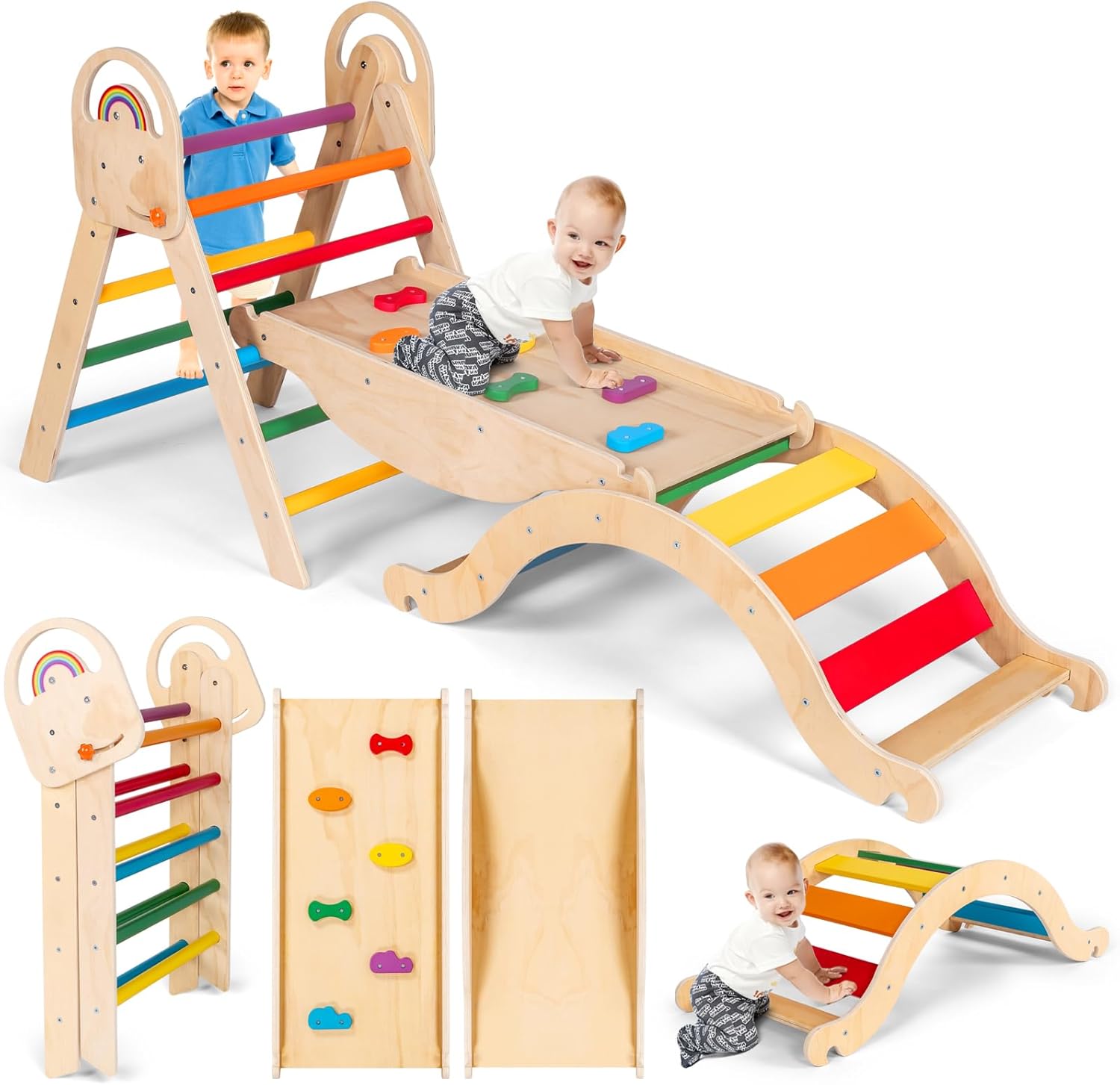 Montessori-Inspired Wooden Pikler Triangle, Space-Saving Indoor Jungle Gym with Convertible Ramp, Detachable Arch & Sturdy Ladder