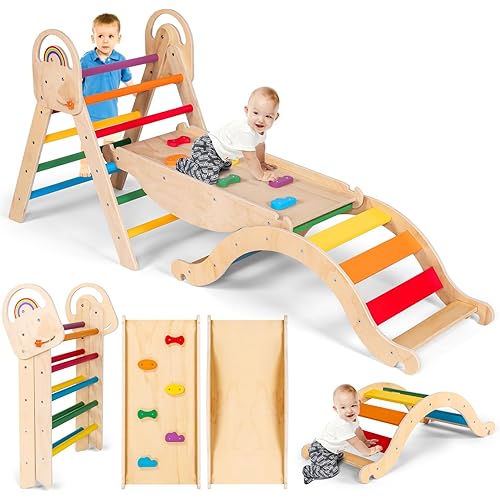 Montessori-Inspired Wooden Pikler Triangle, Space-Saving Indoor Jungle Gym with Convertible Ramp, Detachable Arch & Sturdy Ladder