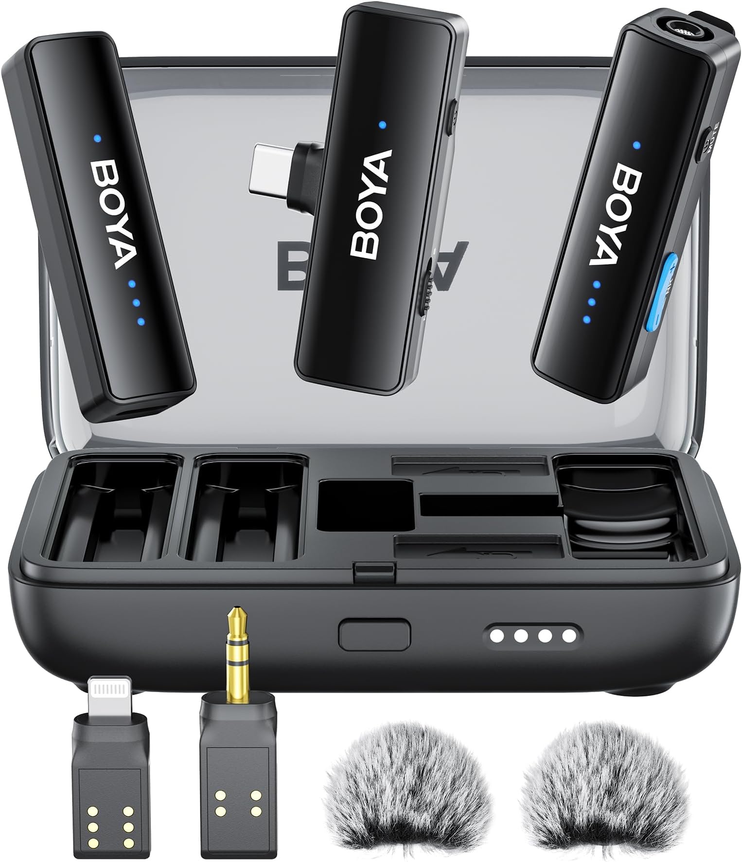 BOYA BOYALINK 2 Wireless Lavalier Microphone, Dual Channel Clip on Lapel Mic with Charging Case Lightning/USB-C/3.5MM Adapter for iPhone Android Camera, 30H Battery, Mini Mic for Podcast Video Record