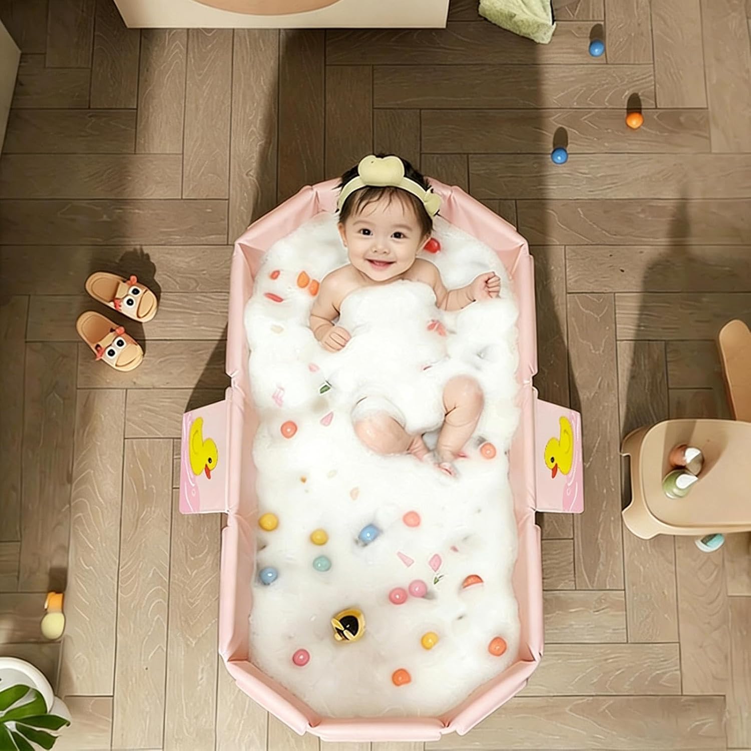 Folding Bathtub for Kids | Duck Pattern Bathing Tub | Portable Bath Tub | for Boys Girls Home Daycare Travel Hotel Bathroom Vacation Camping Apartment