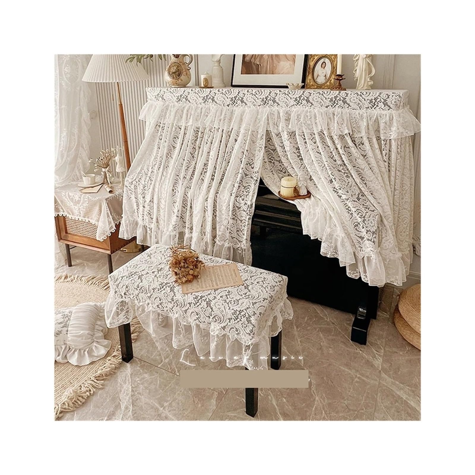 Copertura per Pianoforte Coprisedia for Pianoforte, Set di coprisedie in Pizzo Bianco, Elegante coprisedia for Pianoforte Verticale, Floreale e Pastorale(M)