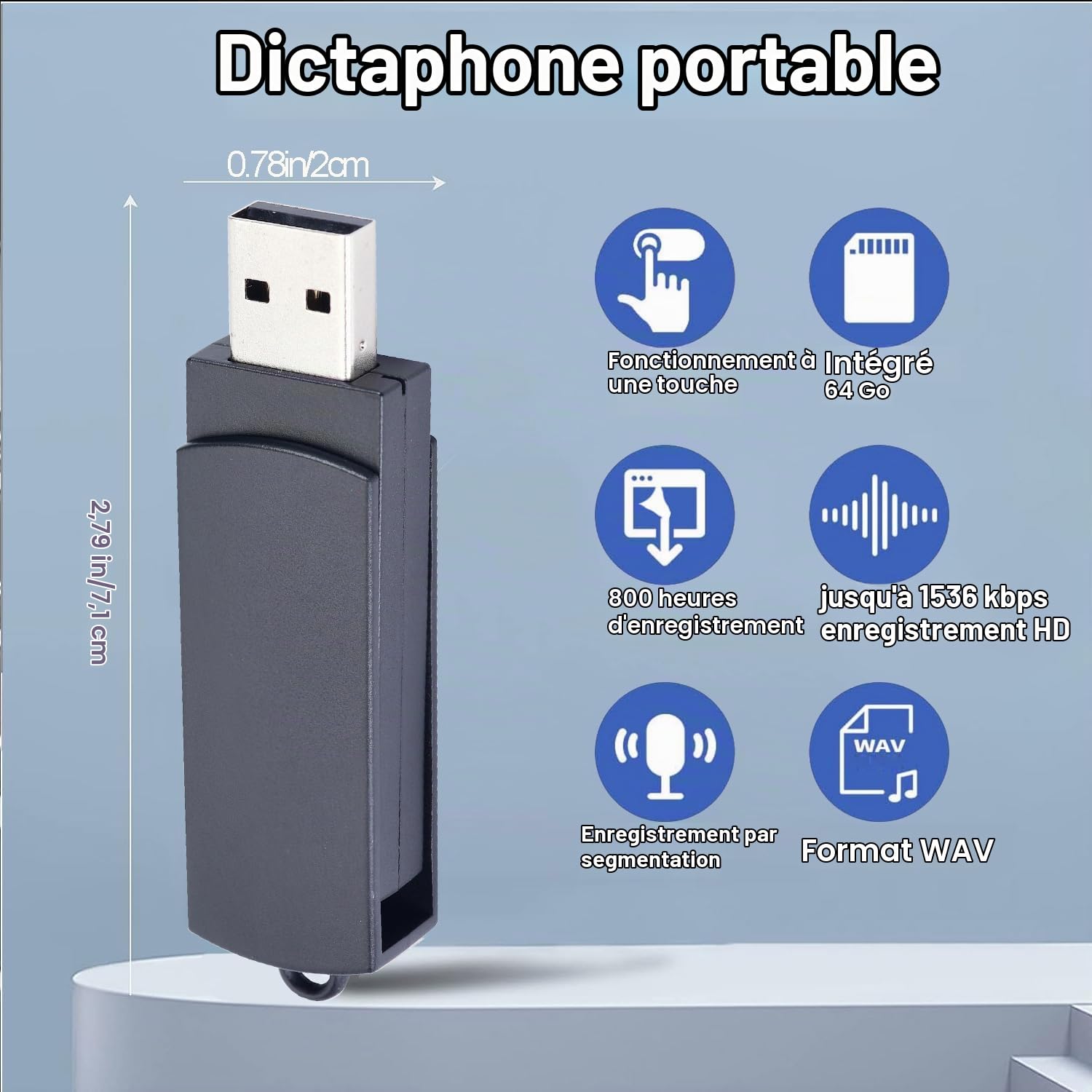 Mini Enregistreur Vocal numérique USB, 64Go Dictaphone Vocal Portable USB C Enregistreur Audio Parfait-Microphone pour Conférences, Réunions, Classes