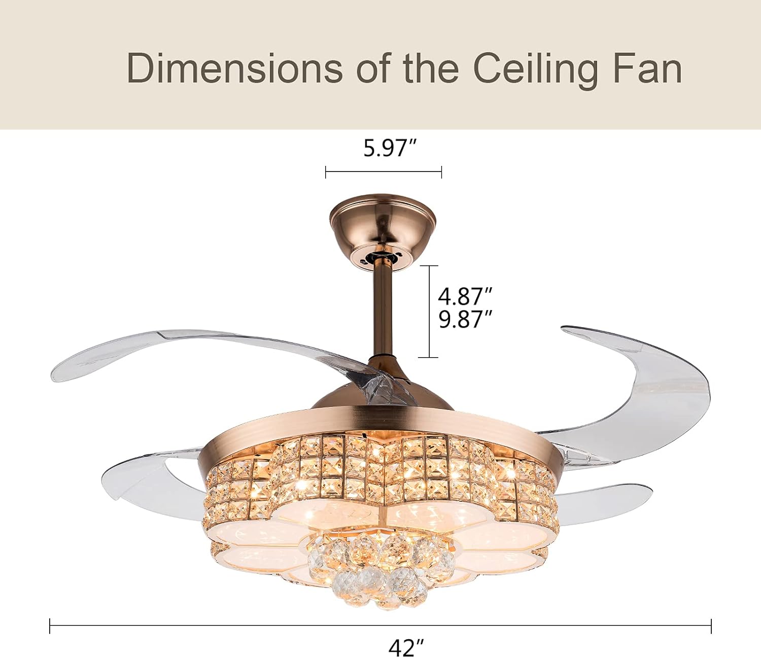 Frее Shірріng Ovеr $50 42 Inch Modern Invisible Crystal Ceiling Fan with Light and Remote,Ceiling Fan Chandelier LED 3 Color Lights 3 Speeds Retractable Blades for Living room, Kitchen, Restaurant