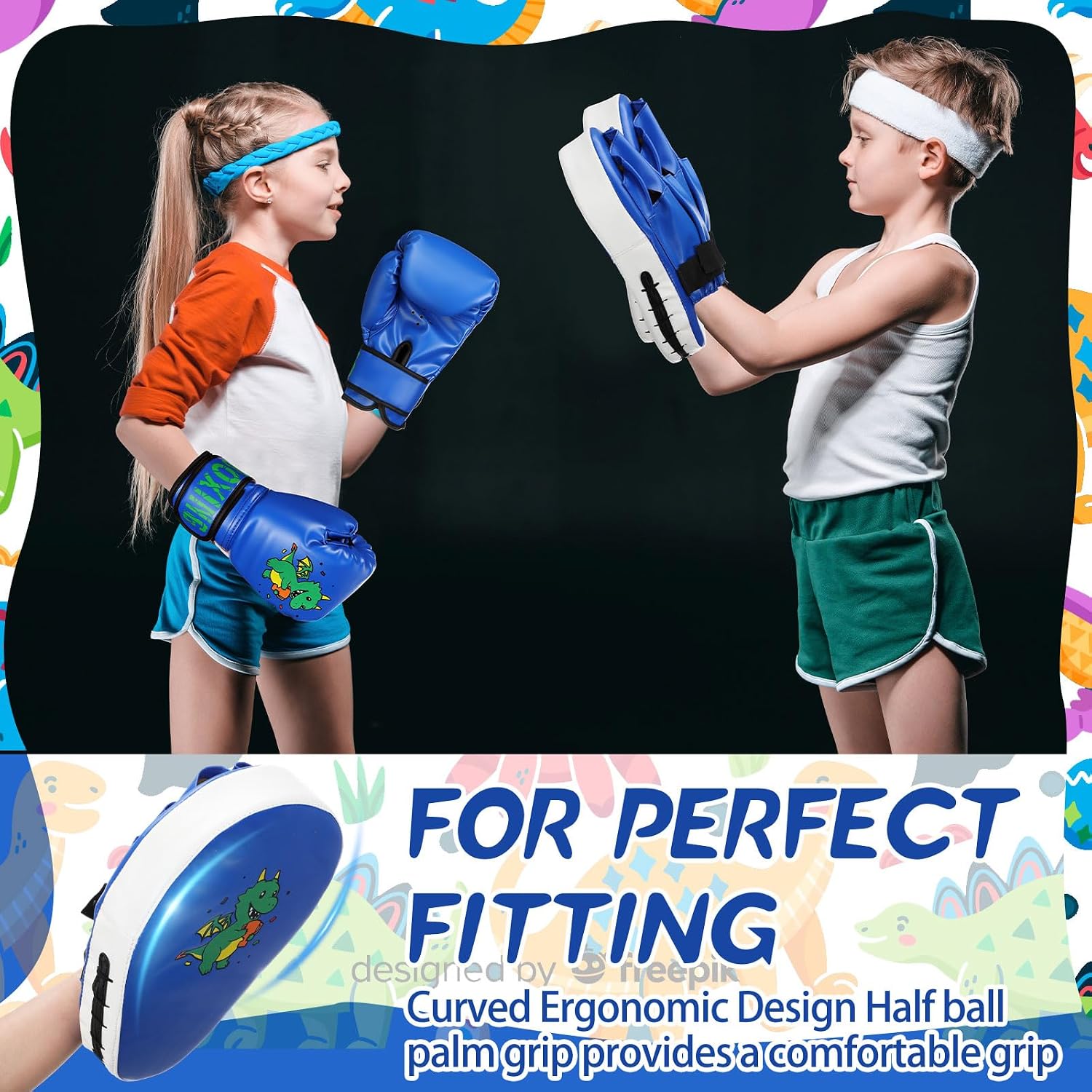 Boxing Gloves and Punching Mitts Set 4oz Gloves Boxing Pads Kids Youth Sparring Gear Training Equipment for Taekwondo Kick Karate Muay Thai MMA Martial Art