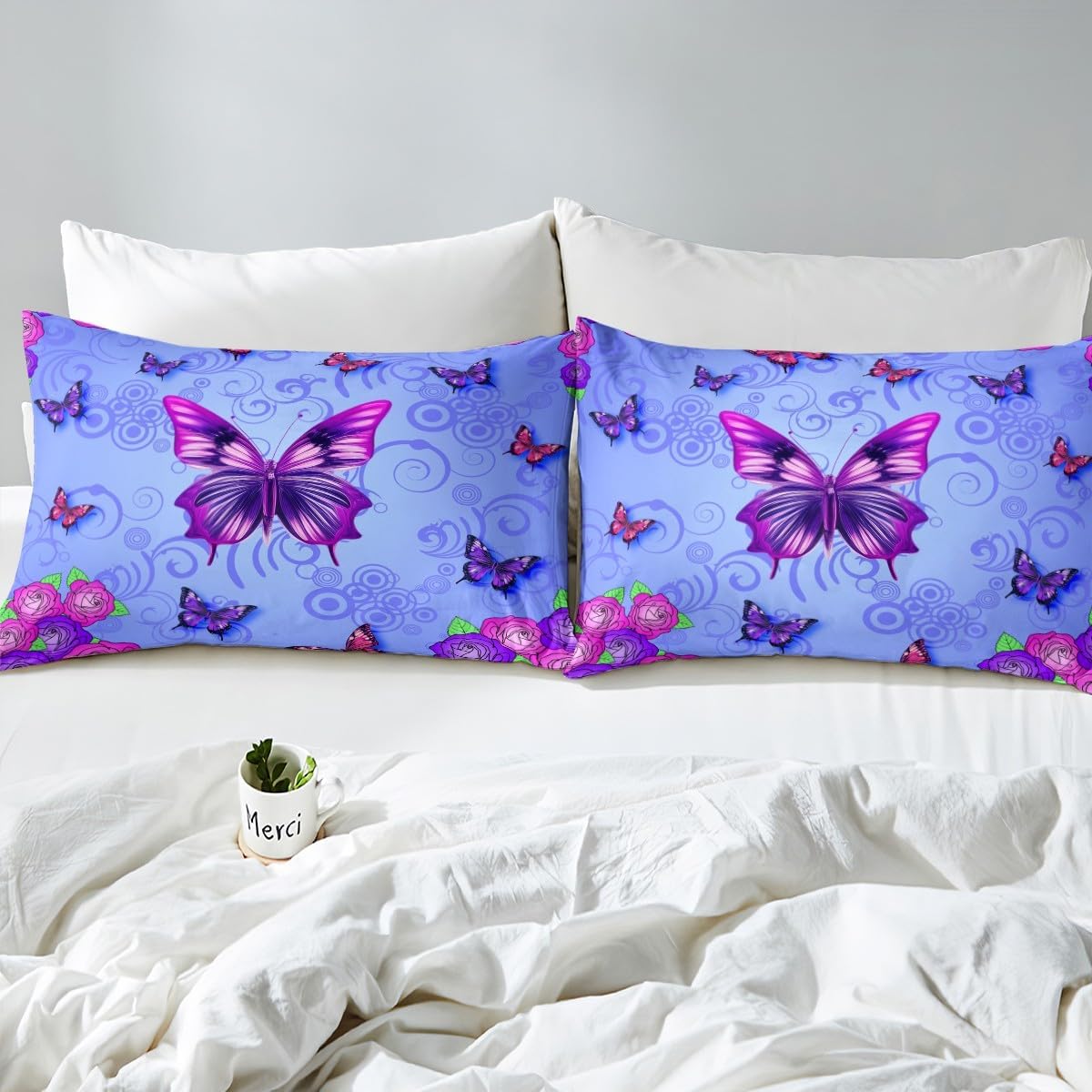 Erosebridal Butterfly Sheet Set Queen, Purple Butterfly Decor Bed Sheets Set Watercolor Rose Flowers Sheets Flying Insect Animal Print Fitted Sheet + Flat Sheet + 2 Pillow Cases