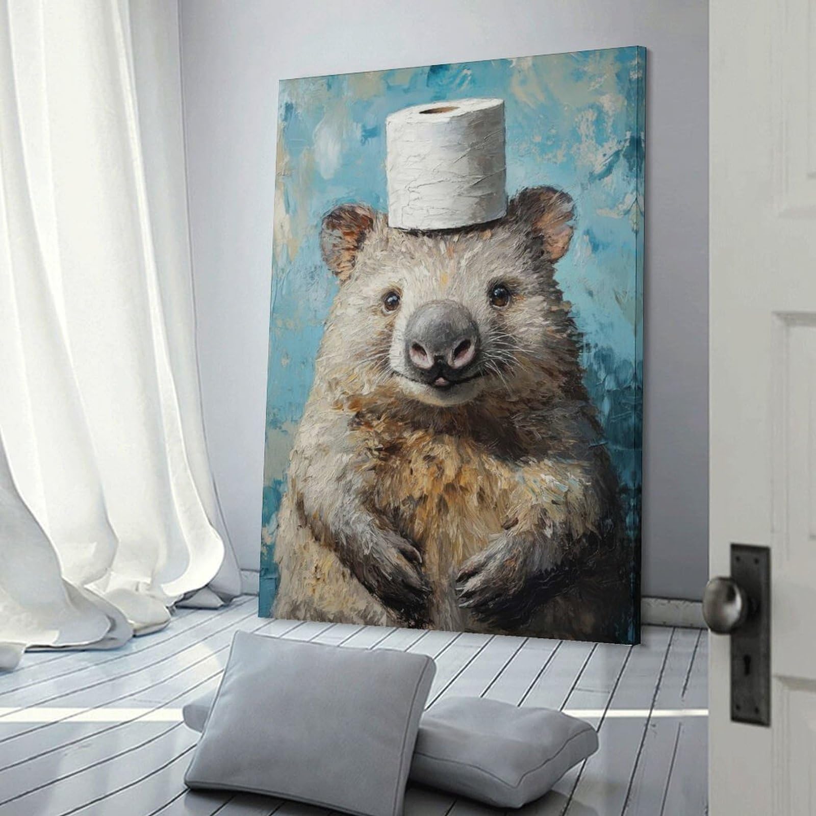 Junmoney Frame-Style-7 Wombat With Toilet Paper Hat Canvas Wall Decor, 24X36inch(60X90cm), For Flats, Guest Rooms Or Compact Rooms, Decorative Canvas Decor For Home Updates