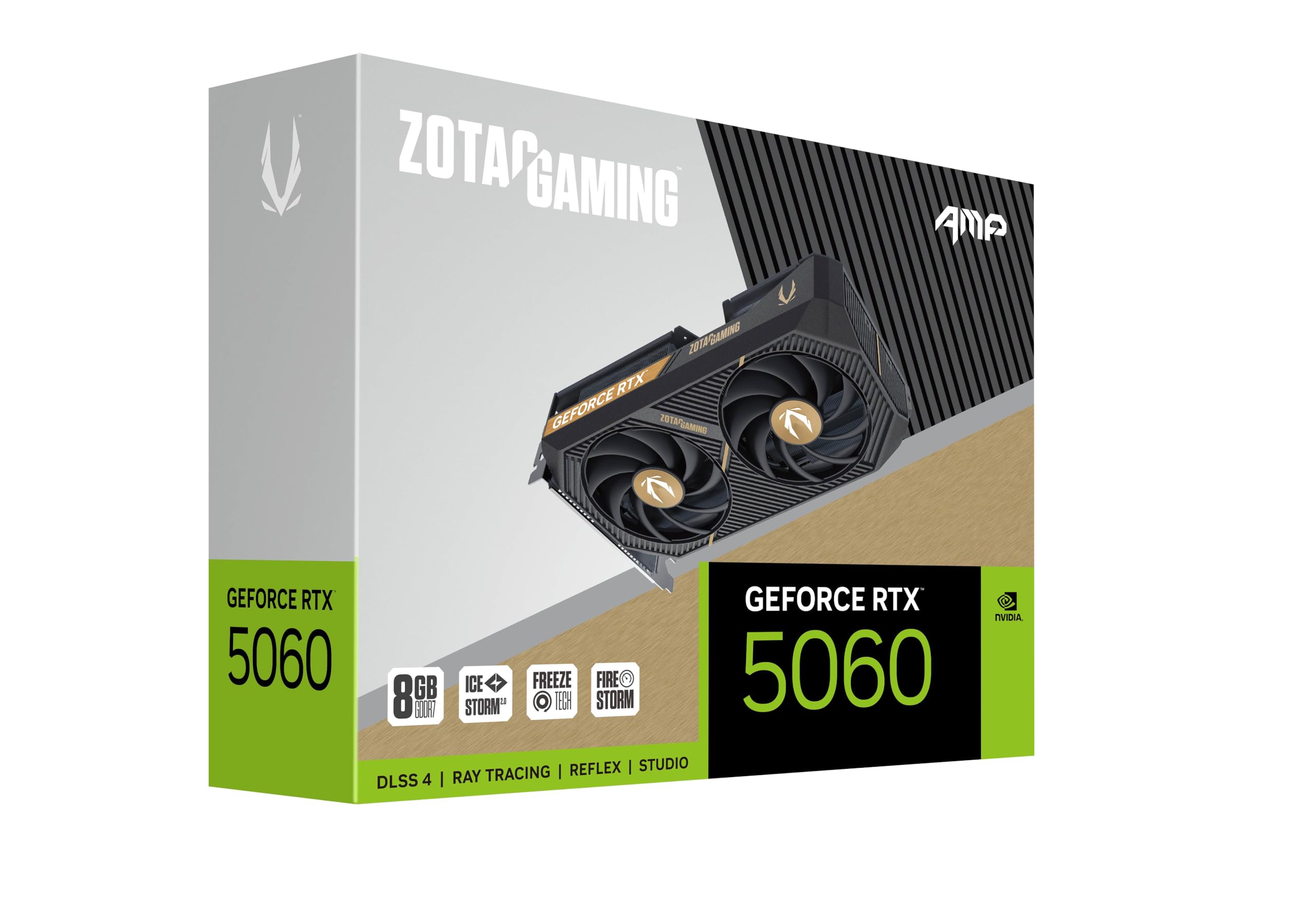 ZOTAC Gaming GeForce RTX 5060 AMP DLSS 4 8GB GDDR7 128-bit 28 Gbps PCIE 5.0 Tarjeta gráfica para Juegos, refrigeración IceStorm 2.0, ZT-B50600F-10M